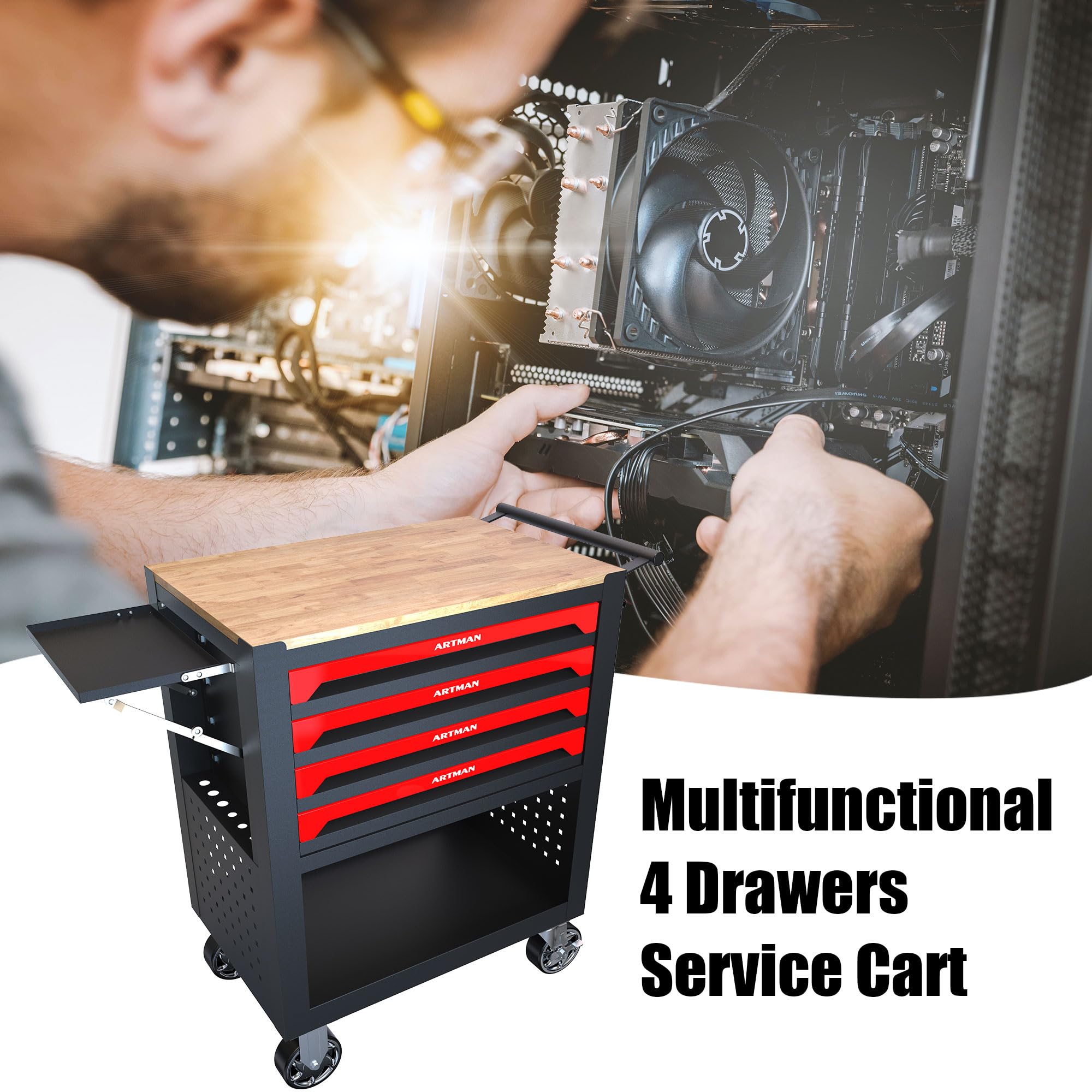 4-Drawer Rolling Tool Chest with Wheels - Heavy Duty Mobile Tool Cart for Mechanics - Garage Tool Organizer & Storage Box (Red) - Perfect for Auto Repair, Home Workshop & DIY Projects
