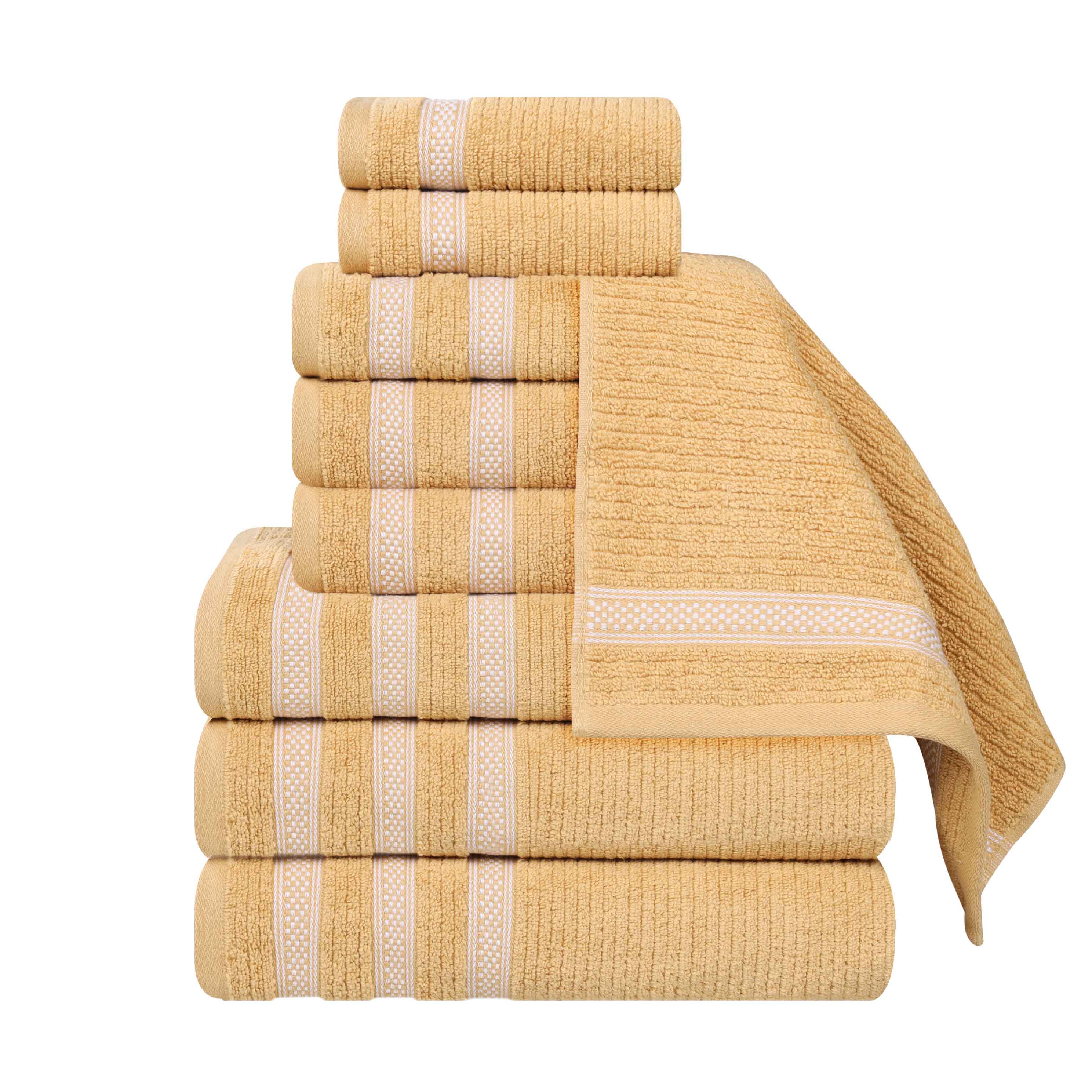 Zero Twist Cotton Ribbed Geometric Border Plush 9-Piece Towel Set | Ultra Soft Bath & Beach Towels for Spa, Pool & Home Use