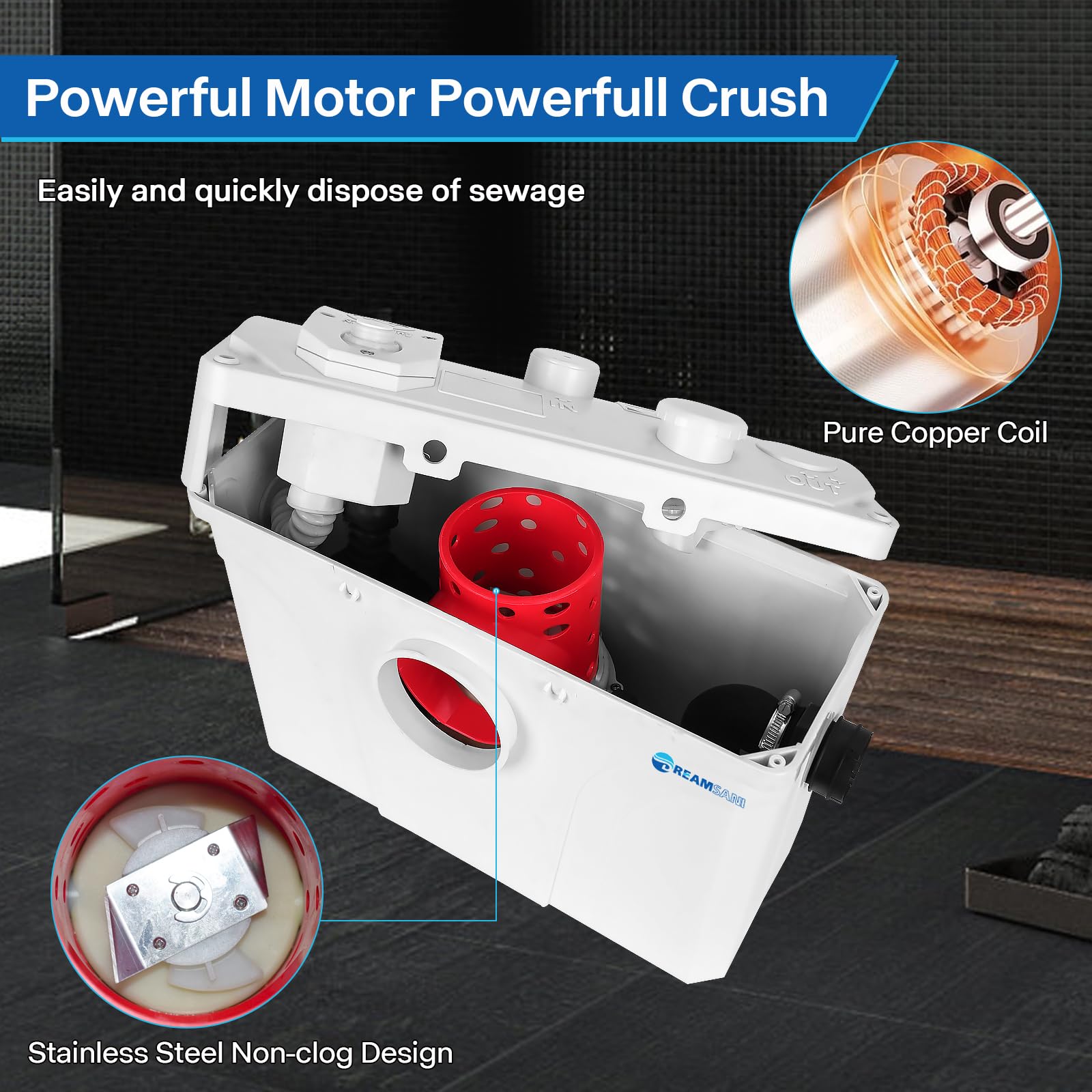 700W Macerator Pump for Upflush Toilet, Sewage Sump Pump - Basement, Marine & RV Use | Waste Water Disposal for Toilet, Laundry Sink & Shower | Ideal for Small Spaces & Off-Grid Living