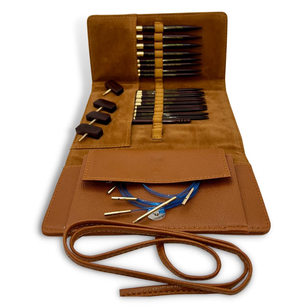 Premium 5-Inch Rosewood Interchangeable Circular Knitting Needles Set (29-Piece) with Leather Case | Perfect for Socks, Hats & Sweaters | Portable Knitting Kit for Travel & Home Crafting | Ideal Gift for Knitters