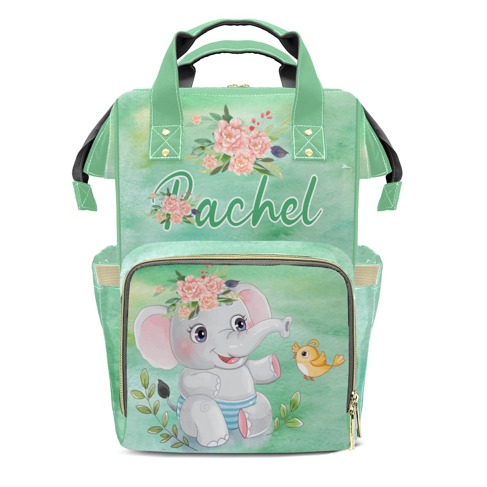 **Watercolor Elephant & Bird Tie-Dye Diaper Backpack - Stylish Nursing Tote for Moms & Dads with Custom Name Tag - Perfect Baby Shower Gift & Travel Essential**    *(Ideal for daycare trips, family outings, and organizing baby essentials on-the-go!)*