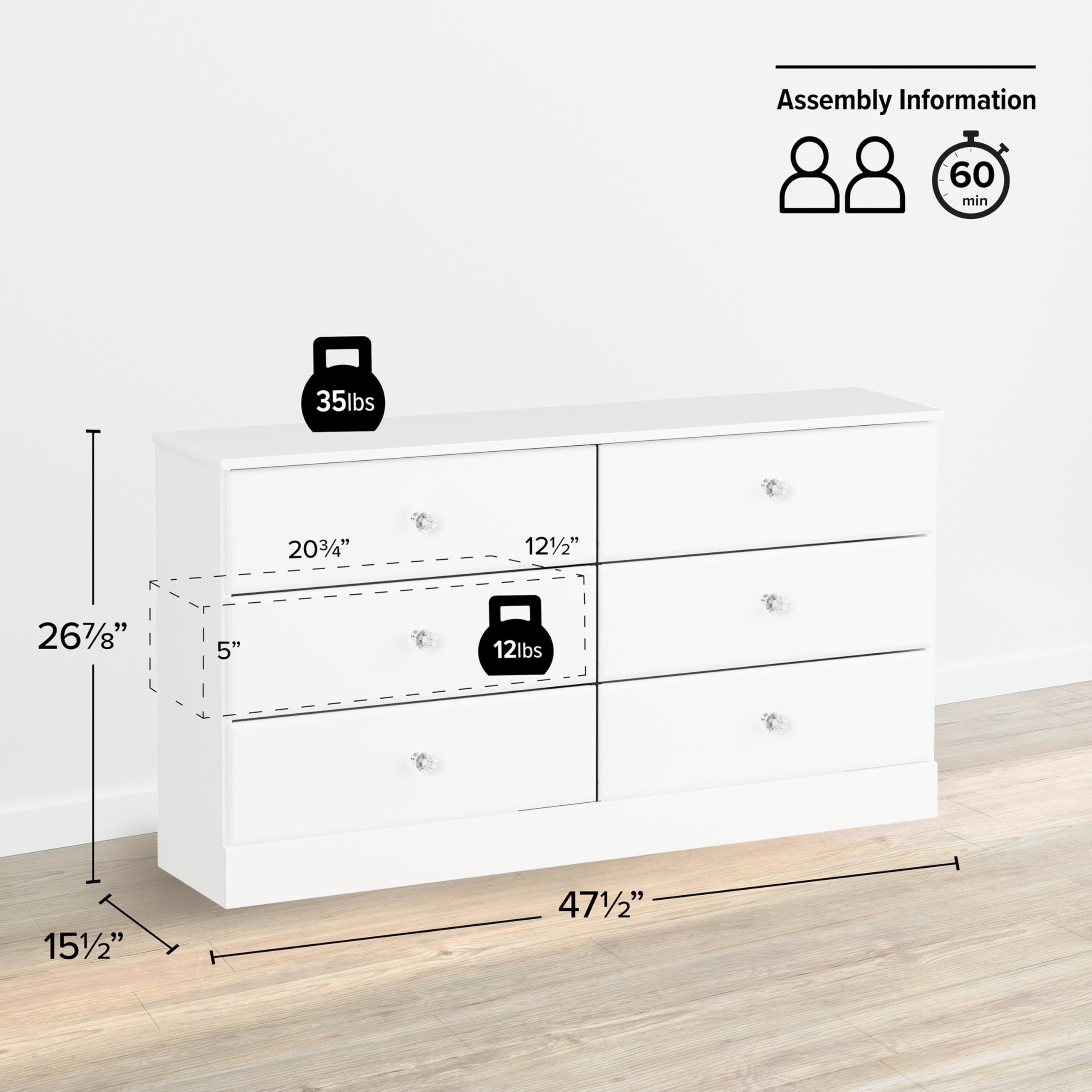 Prepac Astrid 6-Drawer Double Dresser with Crystal Knobs - 47.5