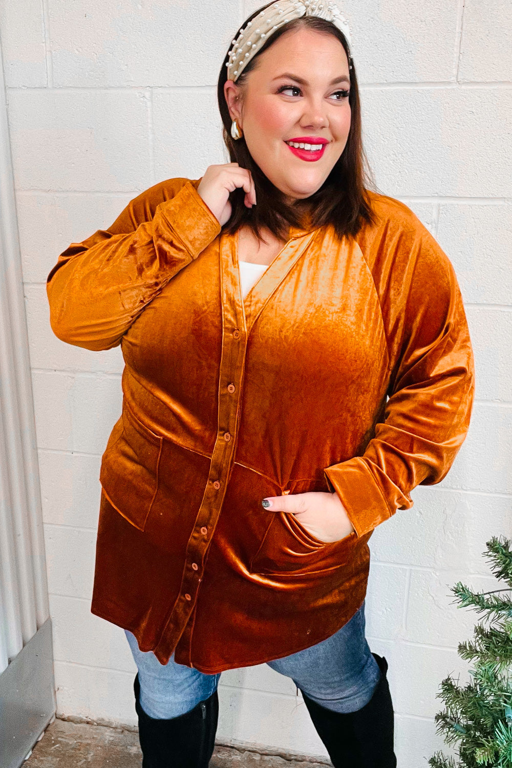 Stylish Rust Velvet Button Down Tunic Top for Women - Elegant Fall & Winter Blouse for Office, Party & Date Nights