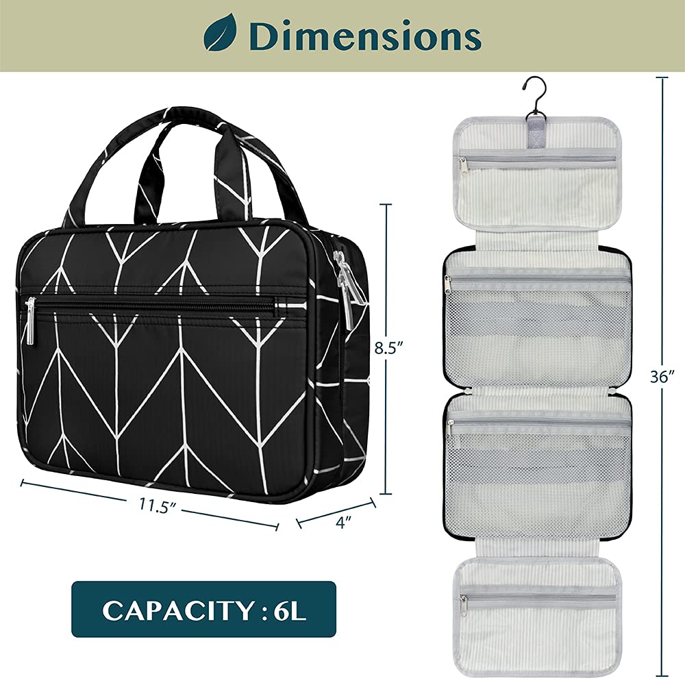 PAVILIA Hanging Toiletry Bag for Travel - Foldable Cosmetic Organizer & Roll Up Makeup Bag for Women & Men - Water Resistant Travel Accessories - Large Toiletries Kit (Black Chevron) - Perfect for Camping, Gym, Business Trips & Vacation Essentials