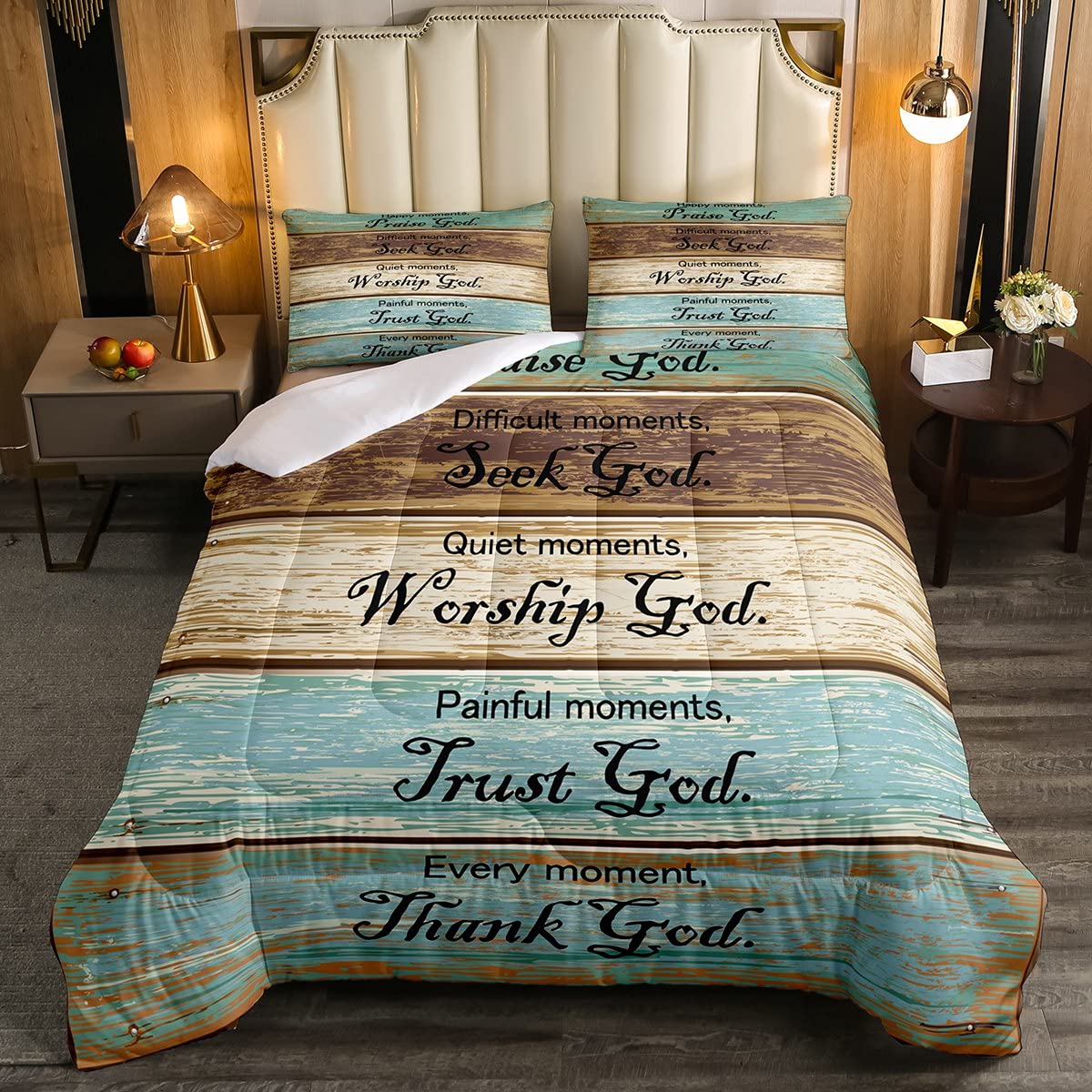Women's Inspirational Prayers Comforter Set - Retro Wood Grain Decor Positive Energy Quilt, Full Size Bedding with Motivational Thoughts for Girls Bedroom | Cozy Duvet Cover for Meditation & Relaxation