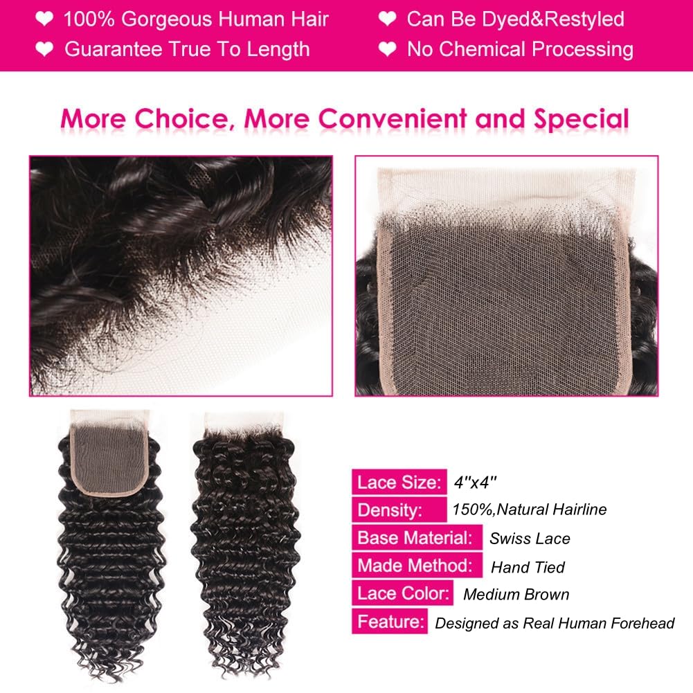 100% Brazilian Virgin Human Hair Bundles with Lace Closure - 3 Bundles Deep Curly/Deep Wave Weave (16 18 20+14 Inch, Free Part) - Natural Color for Black Women | Perfect for Protective Styles, Wig Making & Everyday Wear
