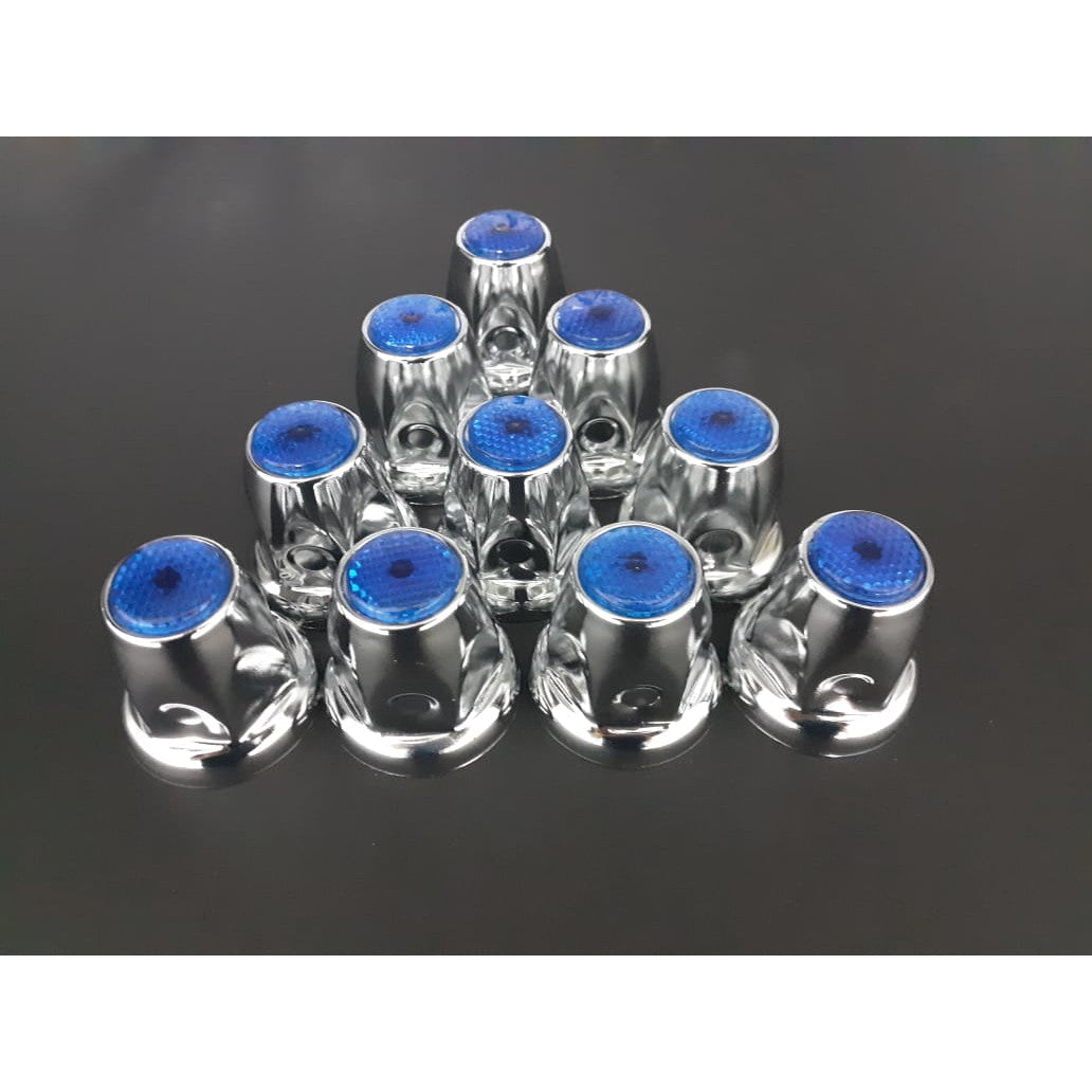 Fortpro 33mm x 2 1/8 Inch Chrome Push-On Nut Covers with Blue Top Reflector - 10 Pack (F247616 B 10QTY) | Wheel Accessories for Trucks, Trailers & Motorcycles - Weatherproof & Durable Design