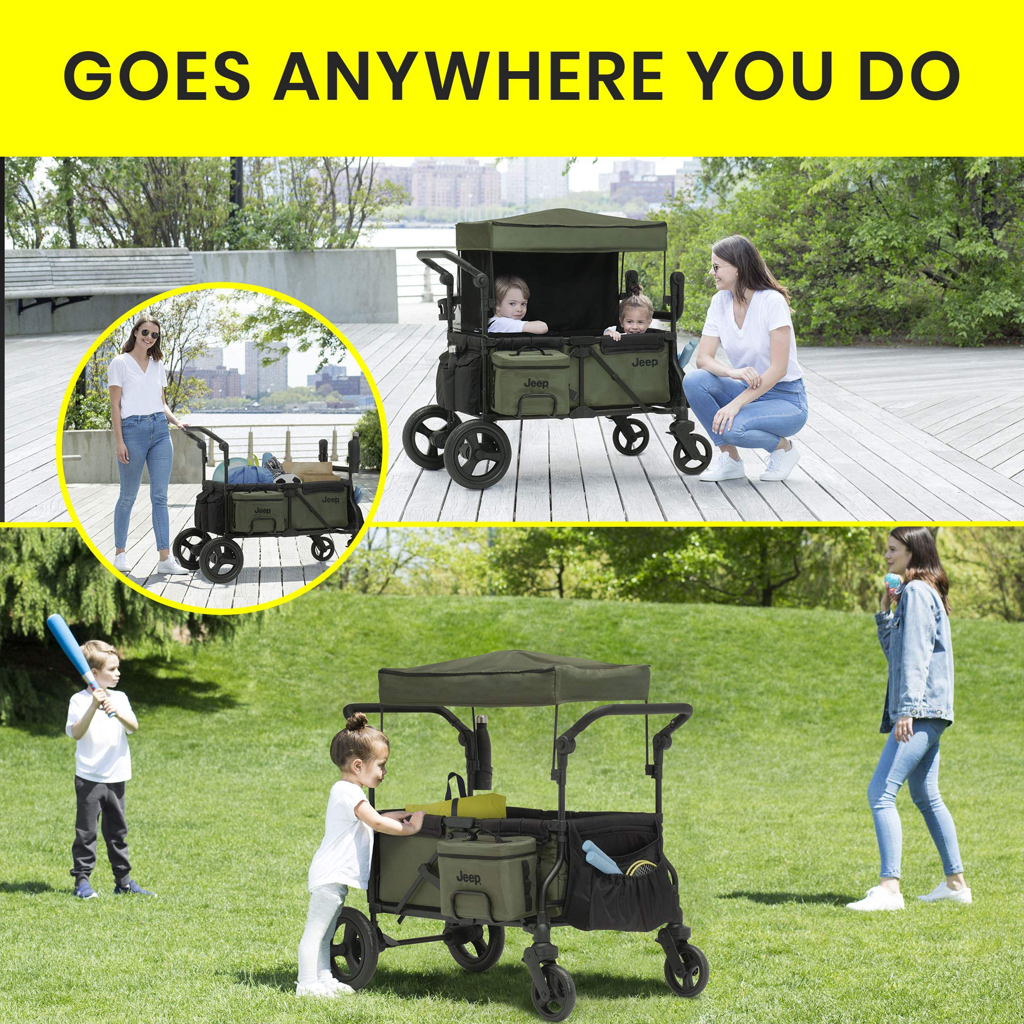 Delta Children Jeep Deluxe Wrangler Stroller Wagon with Cooler Bag & Parent Organizer - Black/Green - Perfect for Outdoor Adventures, Beach Trips, and Family Outings