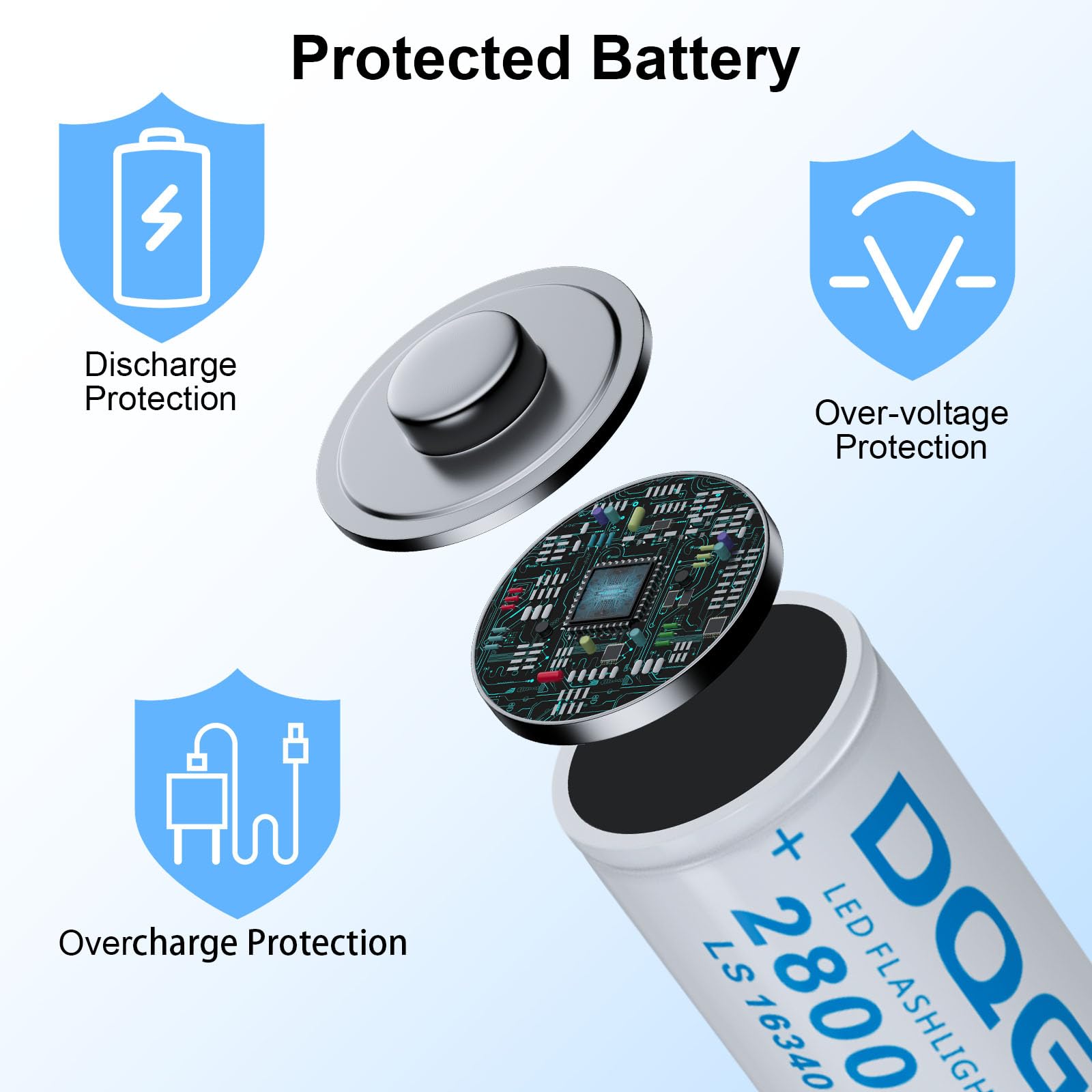 16340 Rechargeable Li-ion Battery 2800mAh 4-Pack - 3.7V Button Top Batteries for LED Flashlights, Headlamps & Emergency Lights | Long-Lasting Power for Camping, Hiking & Outdoor Adventures