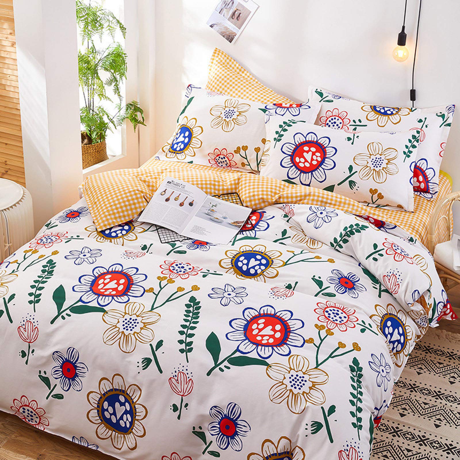 HUJIE 4-Piece Queen Size Bed Sheet Set - 200x230cm Floral Print Cotton Bedding with Pillowcases | Soft & Breathable for Spring/Summer | Perfect for Guest Rooms, Dorms & Cozy Home Decor