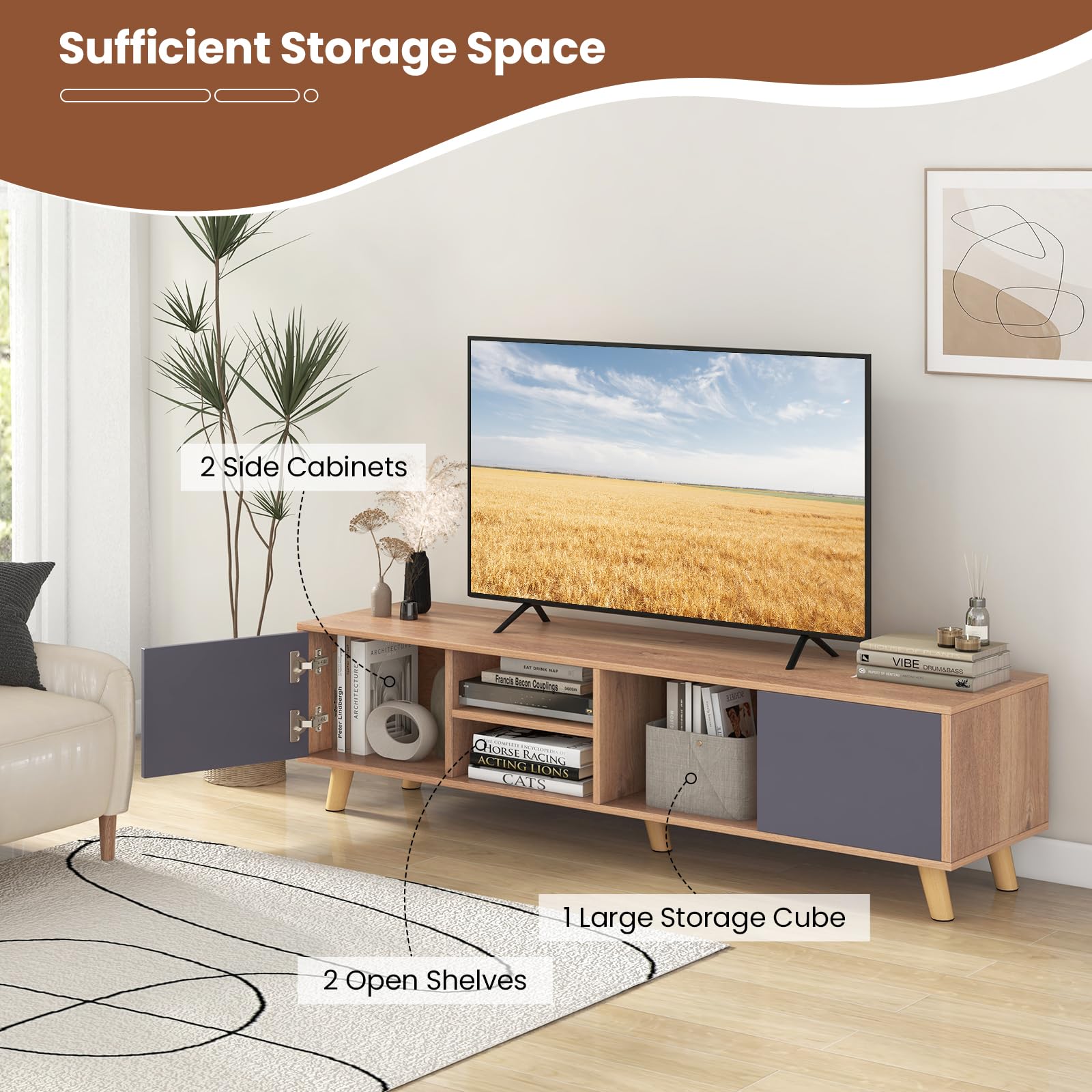 Tangkula 65 Inch TV Stand with 2 Doors & Open Shelves - Modern Media Console with Cable Management Holes - Entertainment Center for Living Room, Bedroom & Home Theater (Natural Gray Finish) - Perfect for Streaming, Gaming & Home Decor