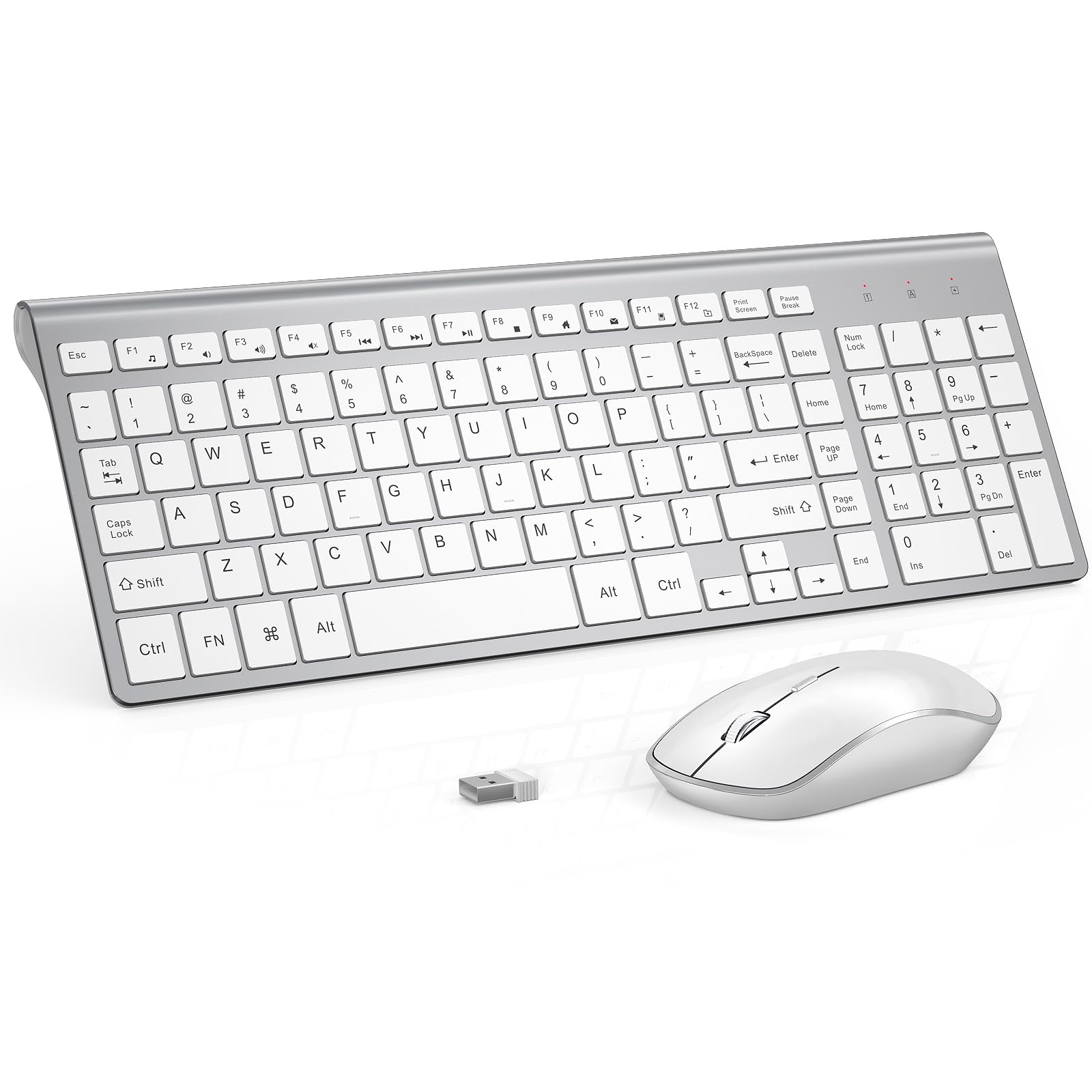 J JOYACCESS 2.4G Wireless Keyboard and Mouse Combo with Numeric Keypad - Quiet Clicks, Ergonomic Design for Laptop, Desktop, Tablet & Mac (Silver White) - Perfect for Office Work, Gaming & Home Computing