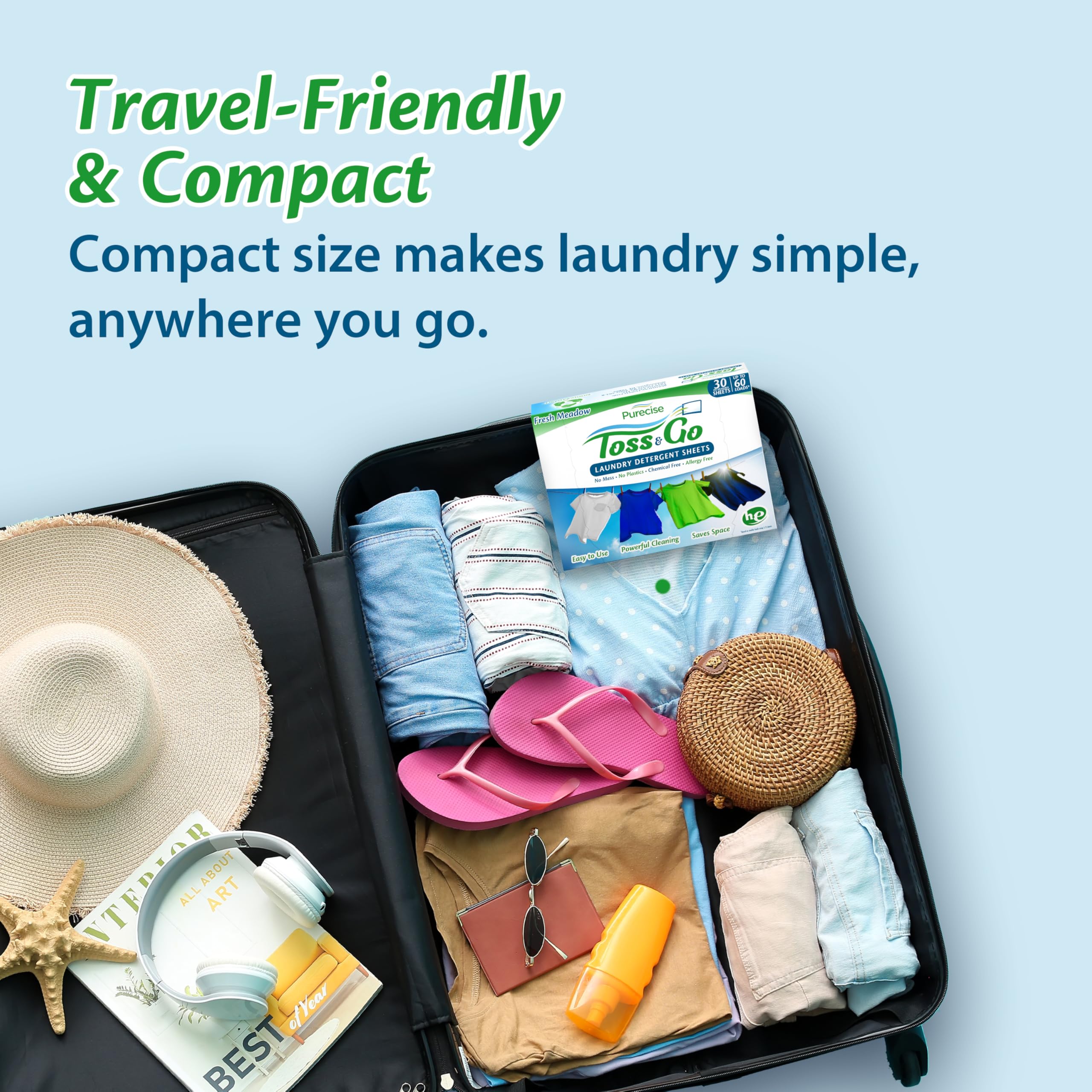 Eco-Friendly Travel Laundry Detergent Sheets - Lightweight, Mess-Free with Fresh Meadow Scent (30 Loads/15 Sheets) | Perfect for Cruise, Airplane & Camping Trips | Compact Toiletries for Travelers & Backpackers