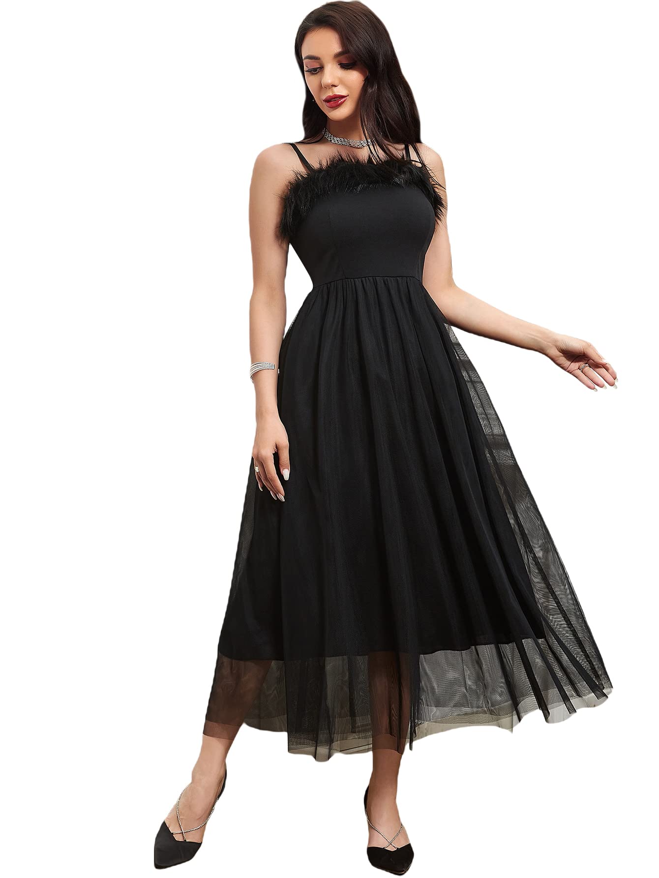 WDIRARA Women's Summer Floral Mesh High Waist Spaghetti Strap Flare Dress - Sexy Cocktail Party & Beach Cover Up Long Dress for Vacation, Date Night, and Evening Events