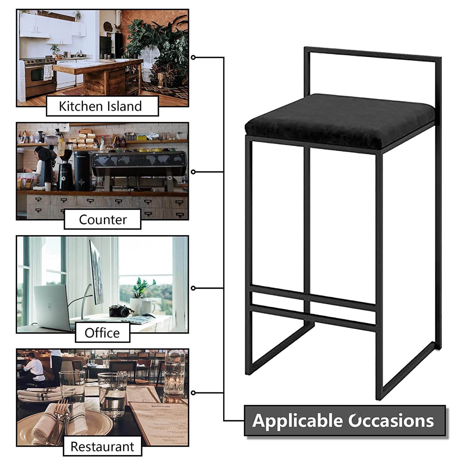 2-Pack 25.5 Inch Black Bar Stools with Metal Frame & Footrest - Counter Height Kitchen Stools for Breakfast Bar, Dining, Home Decor & Small Spaces