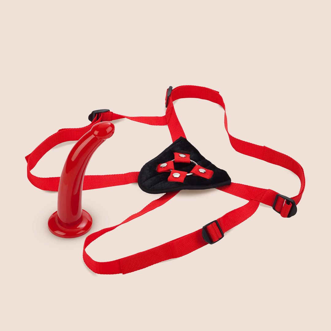 CalExotics Red Rider Strap On Kit - Adjustable Harness & Dildo Set for Couples & Solo Play - Perfect for Role Play, BDSM & LGBTQ+ Exploration