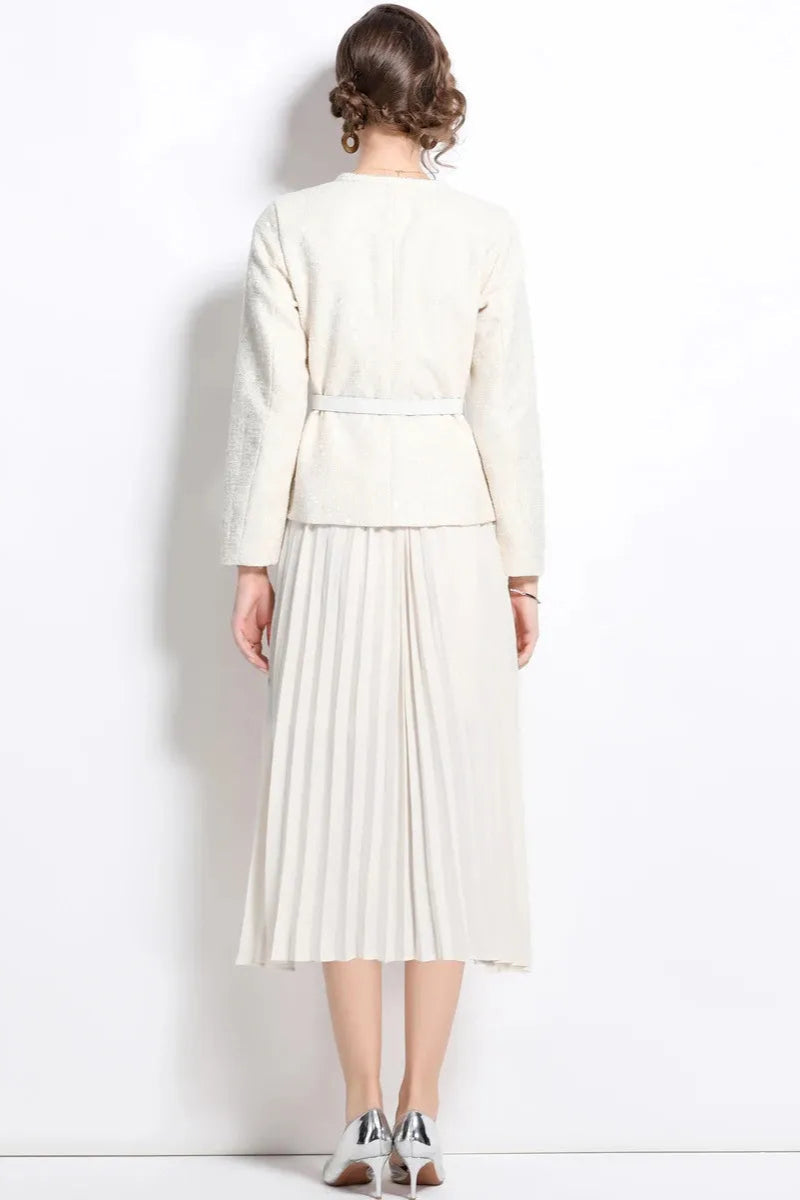 Elegant Cream Sequin Boucle Tailored Midi Dress for Women - Perfect for Cocktail Parties, Weddings & Evening Events