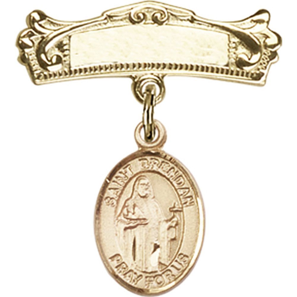 Gold Filled Baby Badge with St. Brendan The Navigator Charm - Arched Polished Badge Pin 7/8