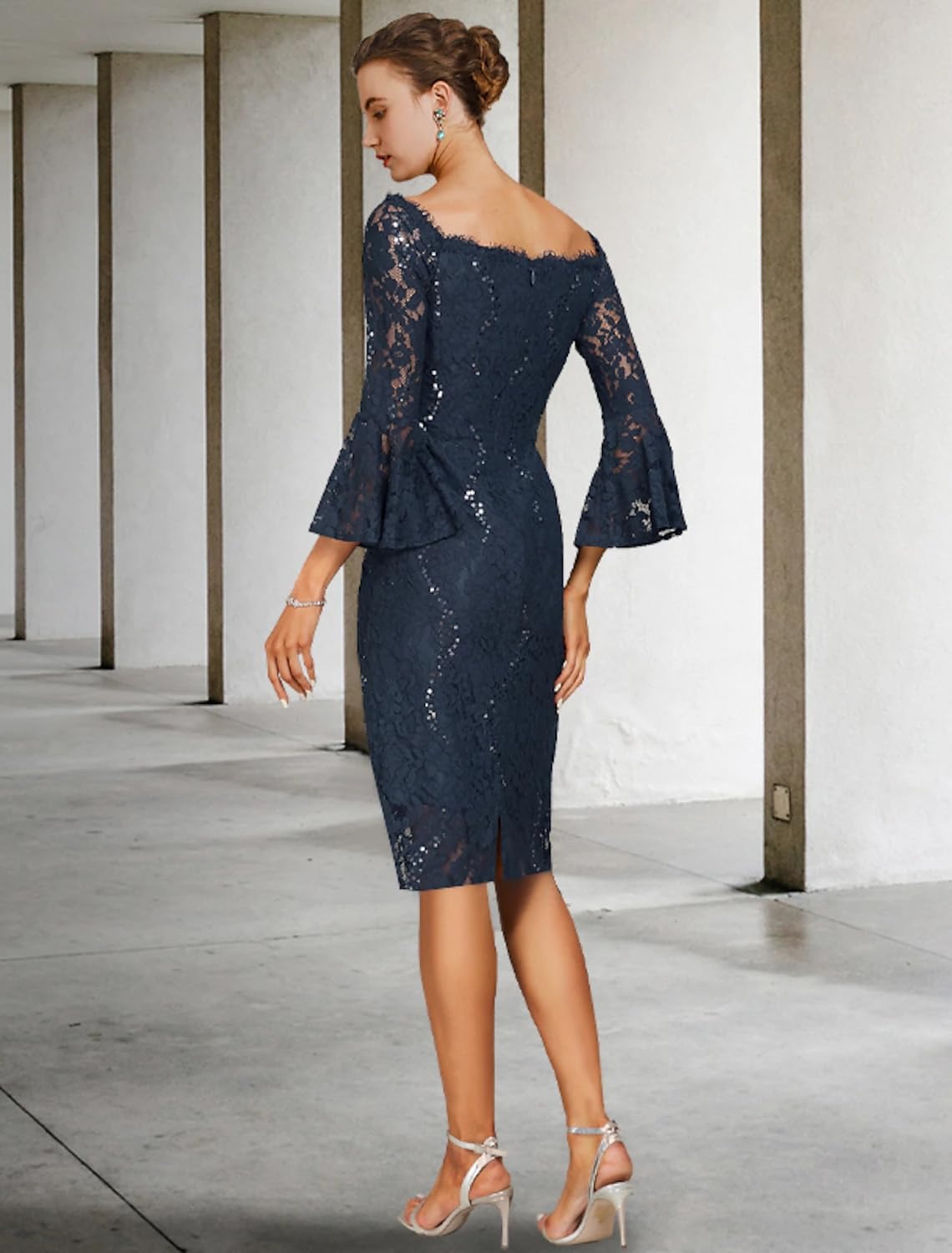 Elegant Teal Lace Wedding Guest Dress for Women - 3/4 Sleeves V-Neck Sheath Mother of The Bride Dress with Bow | Perfect for Weddings, Parties, and Formal Events | Two-Piece Overskirt Knee-Length Outfit