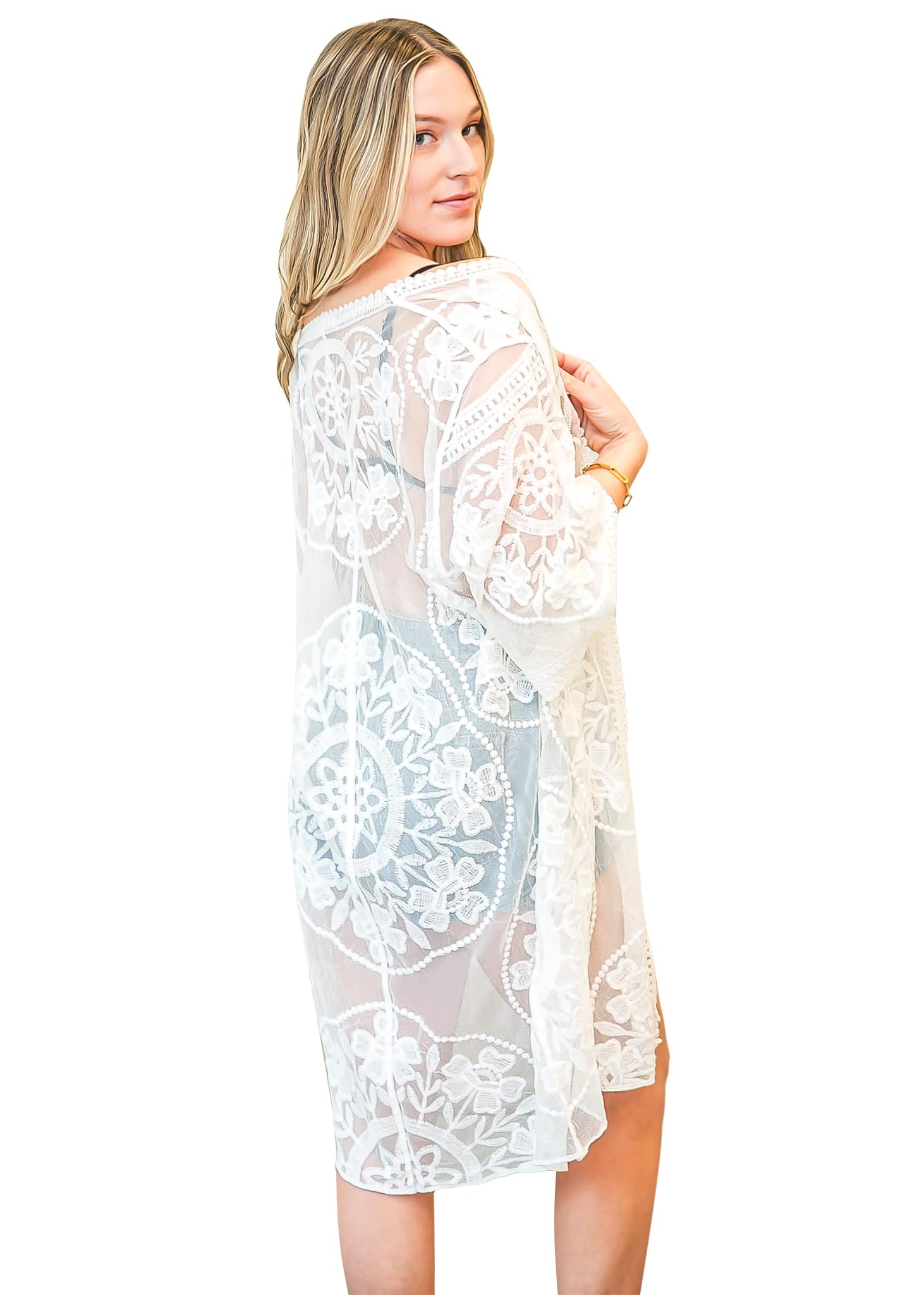 Anna-Kaci Women's Long Embroidered Lace Kimono Cardigan - Elegant Half Sleeve Cover Up for Beach, Wedding, or Boho Chic Outfits