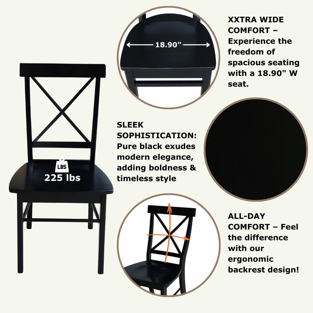 X-Back Dining Chairs Set of 2 - Black Solid Wood Parawood Construction - Stylish & Comfortable Kitchen & Dining Room Furniture - Perfect for Modern Homes, Restaurants & Office Break Rooms