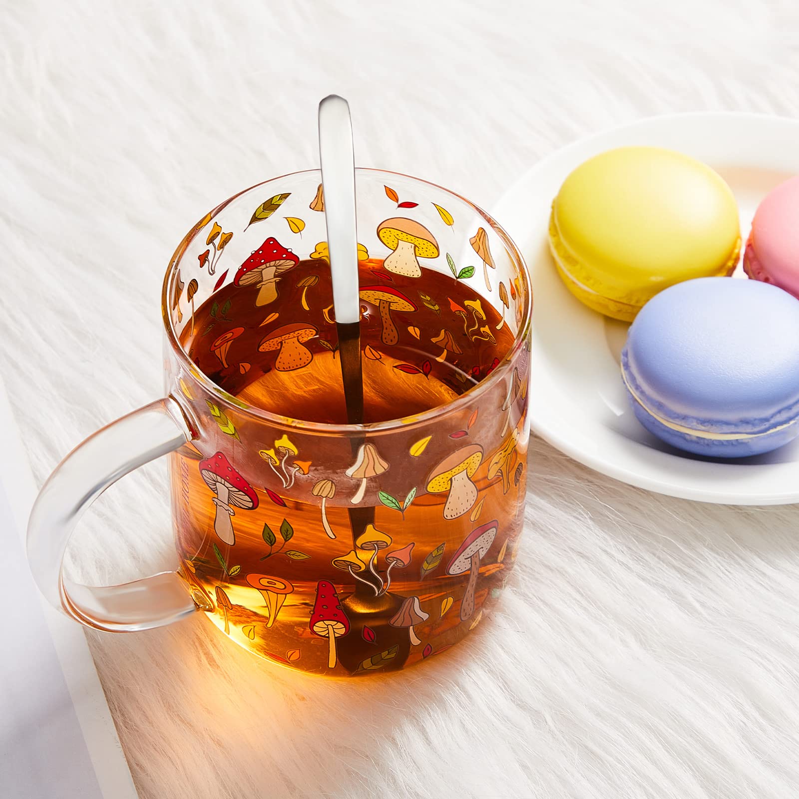 CHENGU 15 oz Clear Mushroom Glass Mug with Handle & Stainless Steel Spoon - Perfect for Coffee, Tea, Milk - Unique Gift for Christmas, Thanksgiving, Birthday - Cute Home Decor & Kitchen Accessory