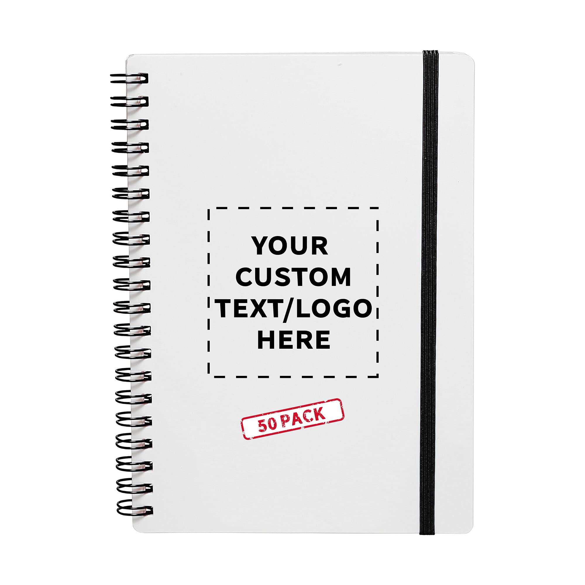 50-Pack White Spiral Notebooks with Elastic Band - Customizable Text & Logo - 80 Lined Pages, Recycled Paper - Black Cover - Perfect for Office, School & Gifts
