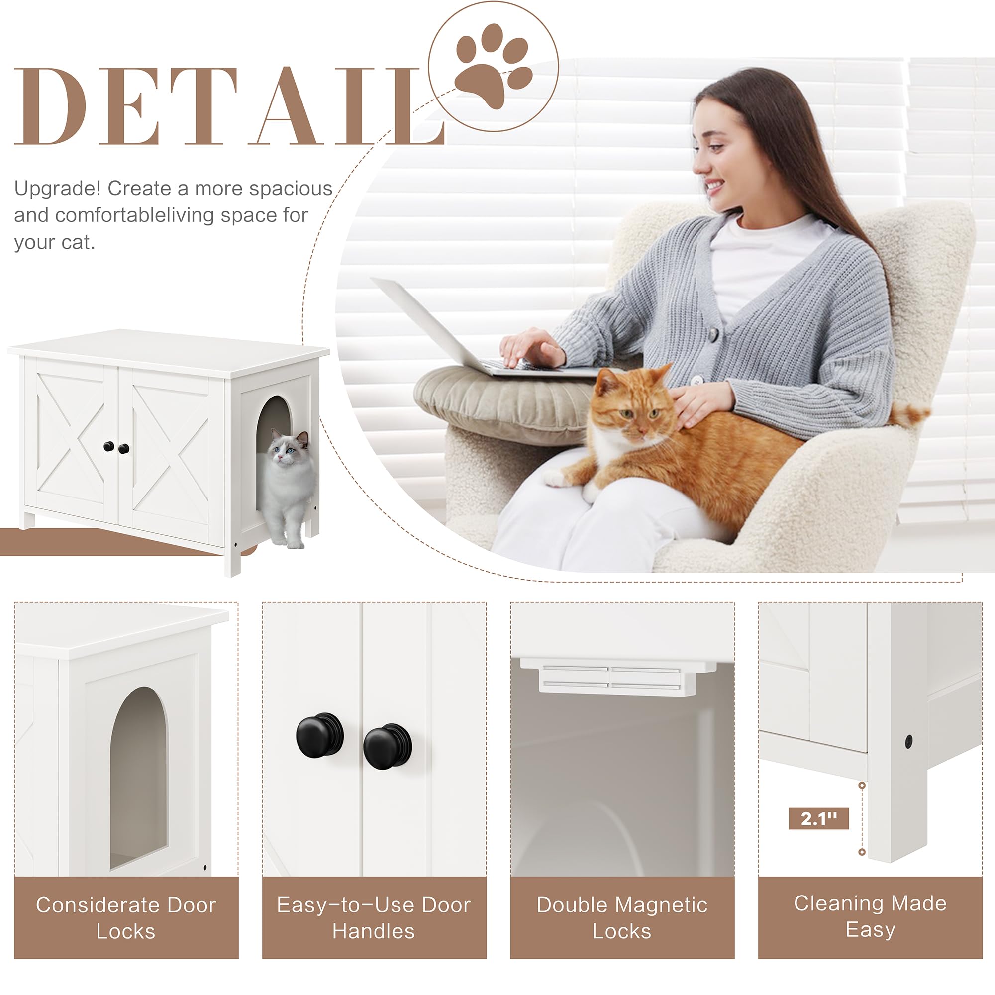 Wooden Cat Litter Box Enclosure with Barn Door - Hidden Litter Box Furniture for Cats, White - Fits Most Litter Boxes | Perfect for Home, Apartment & Pet-Friendly Spaces