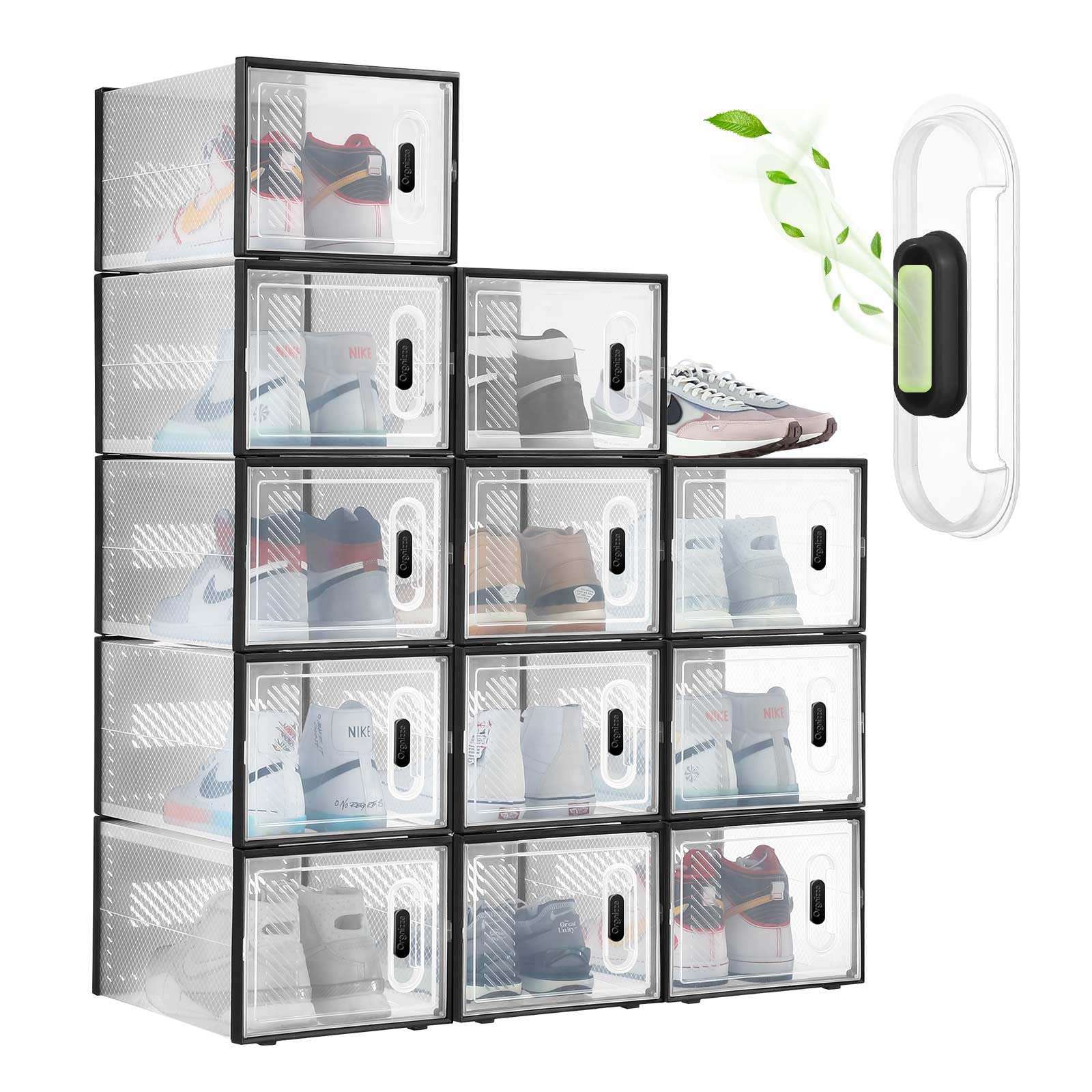 12 Pack Clear Plastic Shoe Storage Boxes with Lids - Stackable Aromatherapy Shoe Organizer Bins for Sneakers (Fits US Size 14) - Perfect for Closet Organization, Shoe Display & Home Storage Solutions