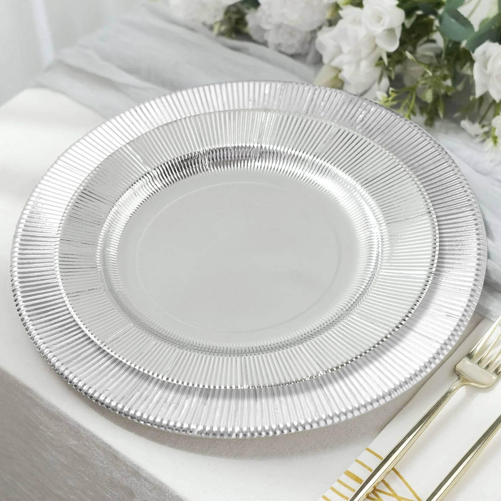 Efavormart 25 Pack Metallic Silver Sunray 10 Inch Disposable Dinner Plates - 350 GSM Heavy Duty Paper Plates for Parties, Weddings & Special Events