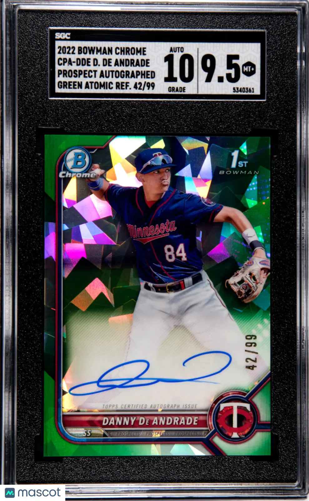 2022 Bowman Chrome Danny De Andrade Green Atomic Refractor Auto SGC 9.5 /99 - Rare Baseball Card for Collectors & Investors - Perfect for Display, Trading, and Portfolio Diversification