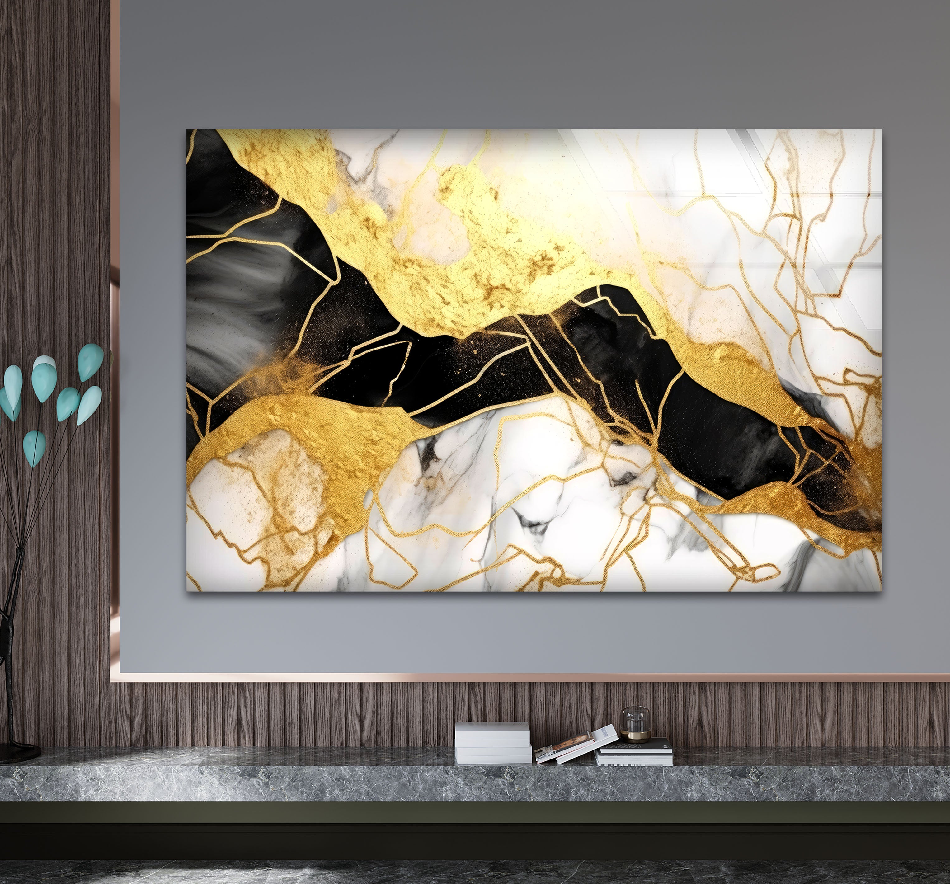 Luxury Black Gold Marble Wall Art - Abstract Glass Print for Modern Home & Office Decor | Elegant Living Room, Bedroom, Dining Room Wall Decor