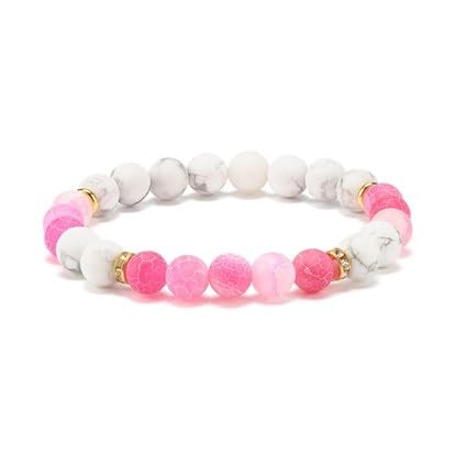 White Howlite Beads & Pink Agate Beads Stretch Bracelet - Healing Crystal Jewelry for Meditation, Yoga & Spiritual Wellness