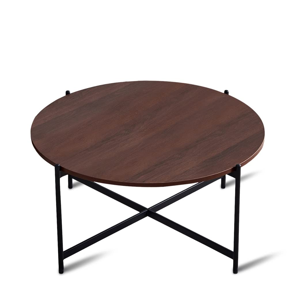 Modern Round Coffee Table - Black Metal Frame & Walnut Top for Living Room