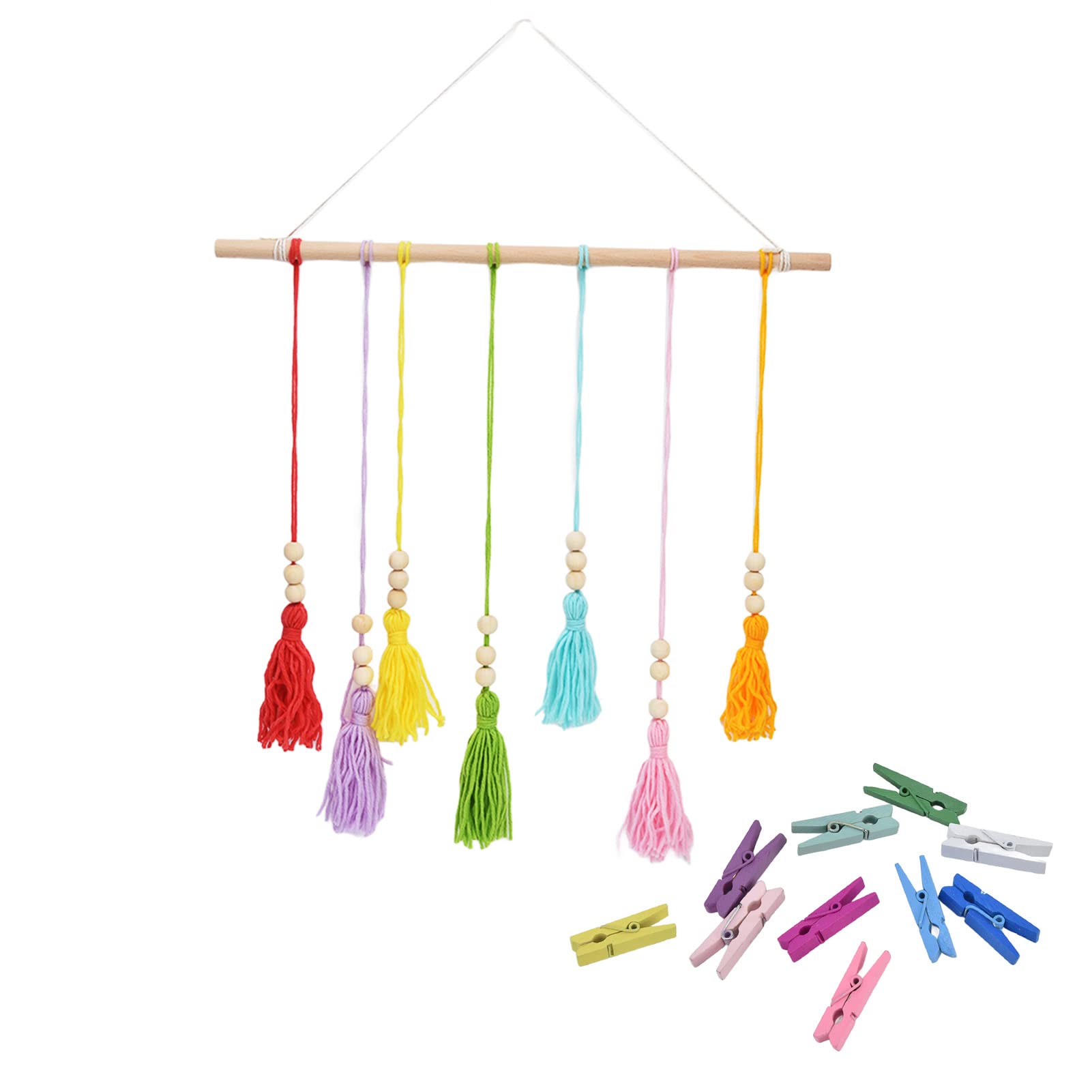 Handmade Bohemian Tassel Tapestry Wall Hanging - 7 Color Choices, Macrame Wall Decor with 10 Clips for Bedroom, Living Room & Dorm Room Aesthetic Decor