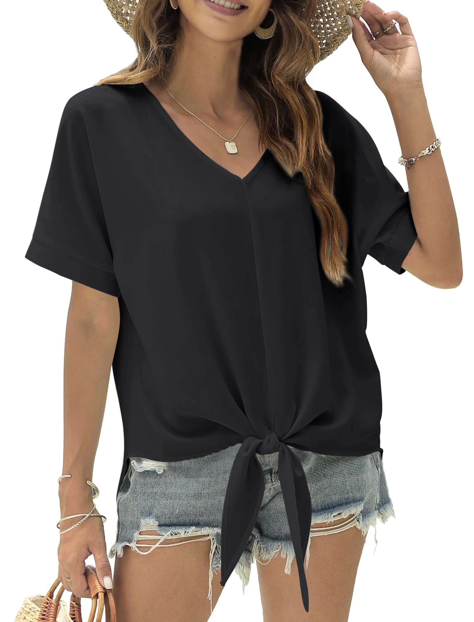 Women's V-Neck Chiffon Blouse - Short Sleeve Tie Knot Casual Top - Loose Summer Shirt for Women - Perfect for Beach, Office & Date Night Outfits