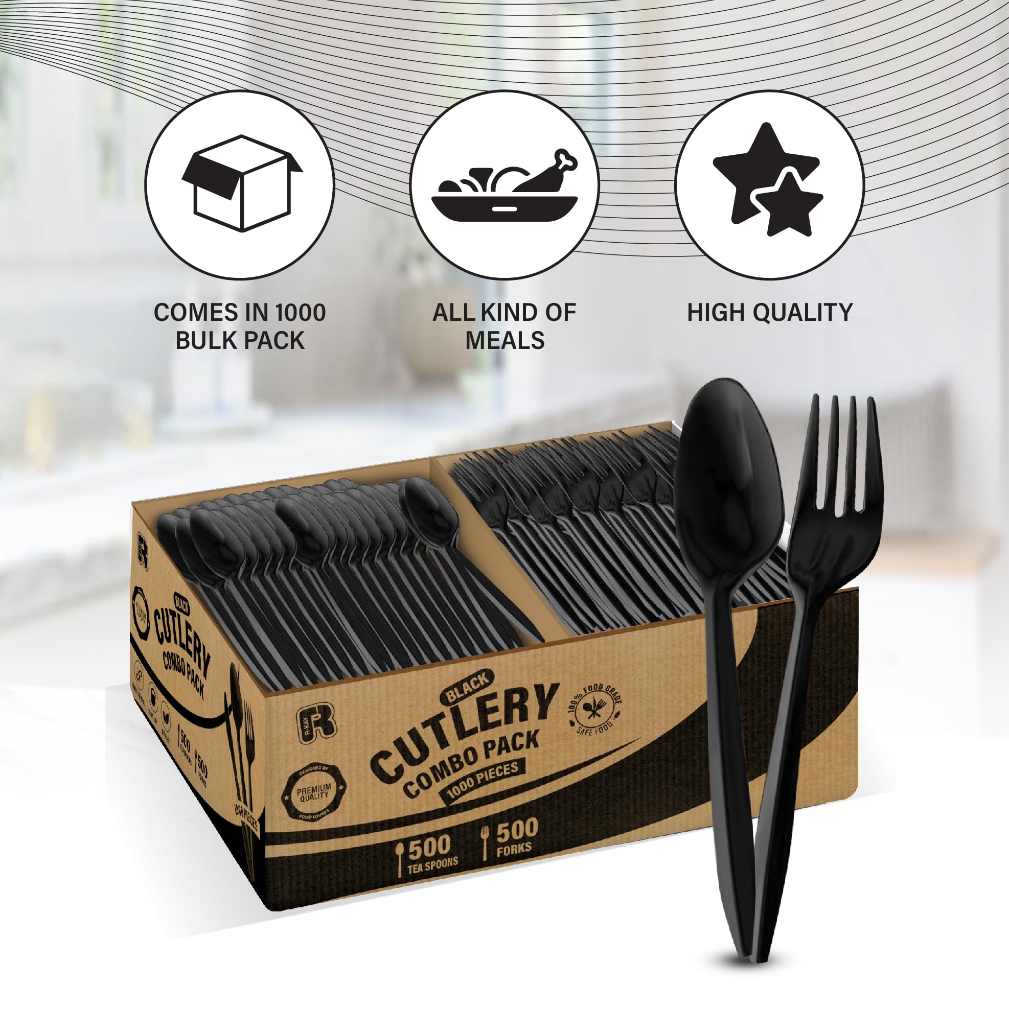 1000 Pcs Black Plastic Utensils Set - 500 Forks & 500 Spoons, Bulk Disposable Cutlery for Parties, Picnics, Catering & Events - Heavy Duty Plastic Flatware Set for Outdoor Dining & Takeout
