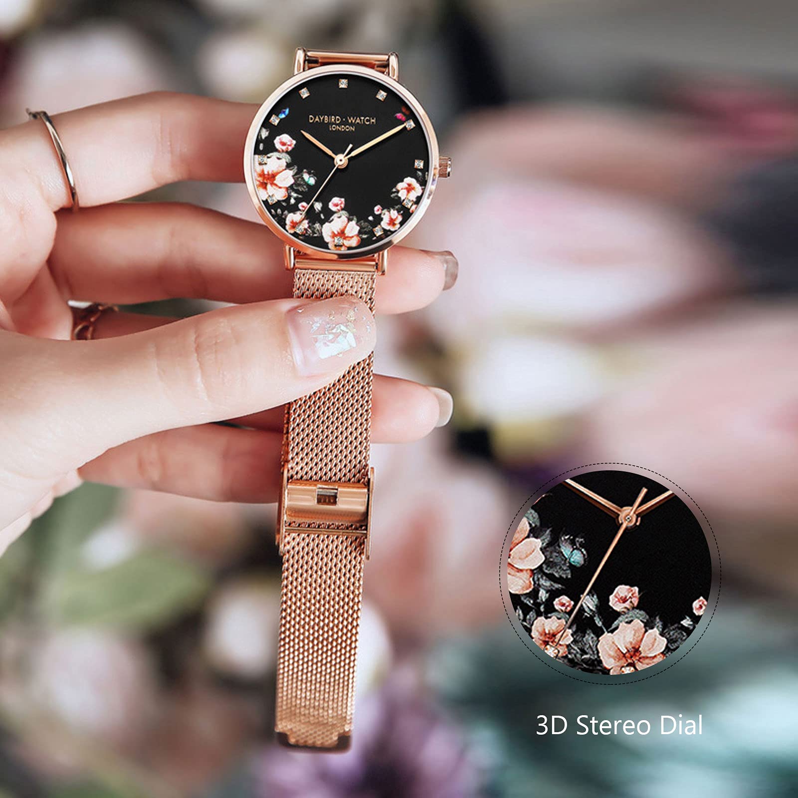 RORIOS Women's Watches with Flower Dial - Stainless Steel Mesh Strap Analog Quartz Wristwatch for Ladies - Perfect for Everyday Wear, Office, and Special Occasions