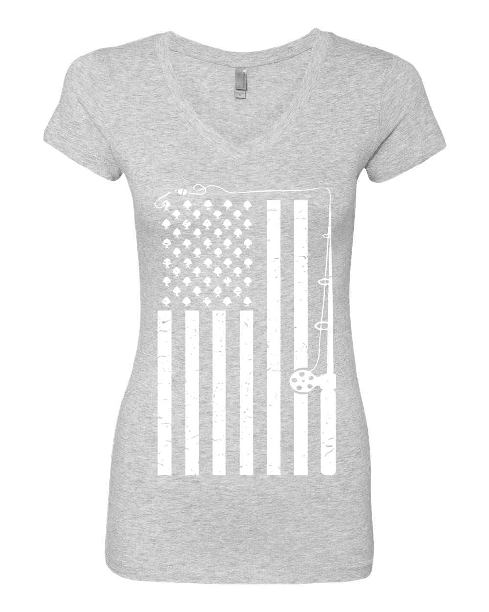 USA Flag Fishing Rod - Patriotic Fishing T-Shirt for Women & Juniors | Comfortable V-Neck Tee for Outdoor Fishing & Summer Activities