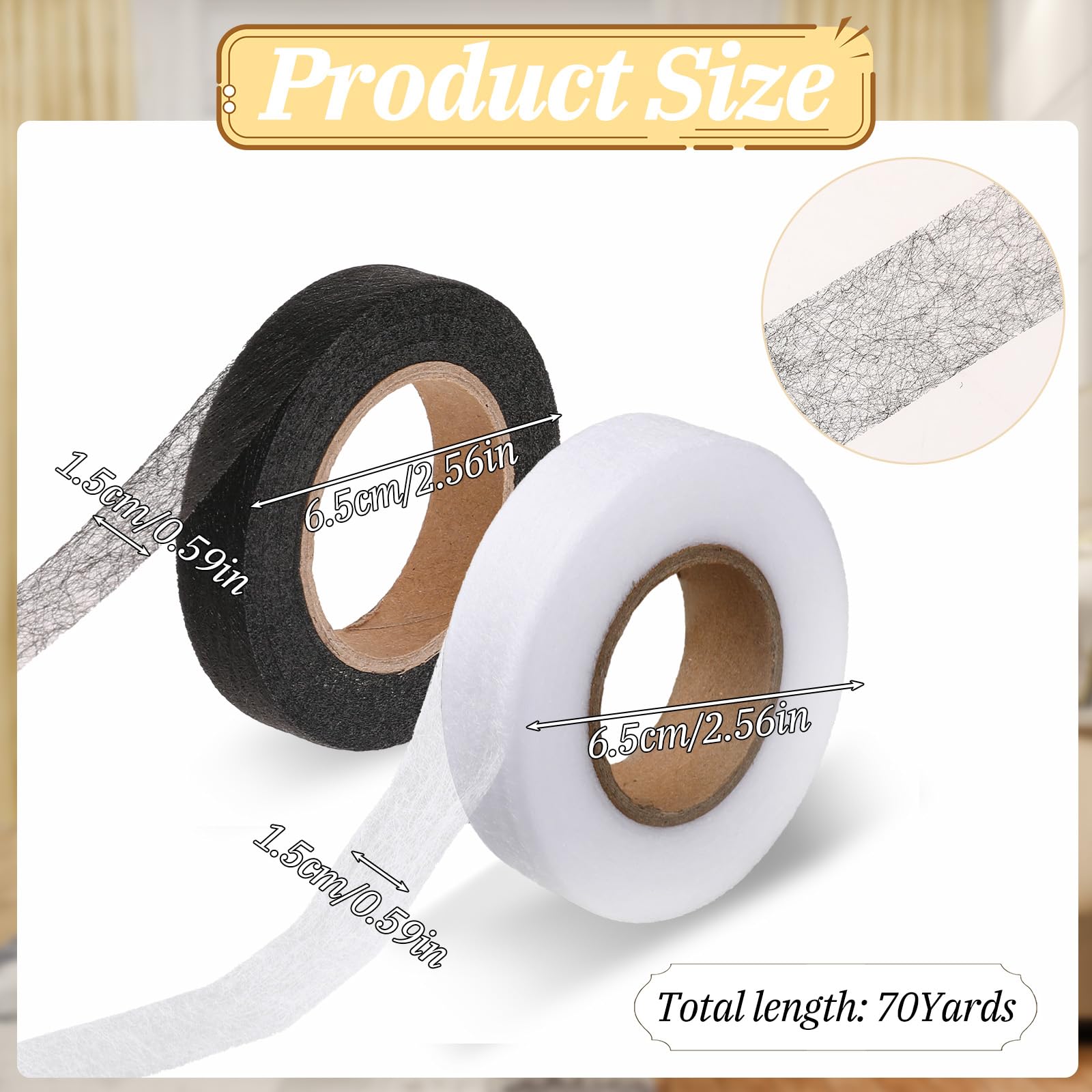 140 Yards Iron on Hemming Tape - 2 Rolls 0.59 inch No Sew Adhesive Tape for Clothes, Pants & Curtains | Stitch Witchery Fusible Web Tape (Black+White) | Quick Fabric Repair & DIY Hemming Solution for Home Tailoring & Craft Projects