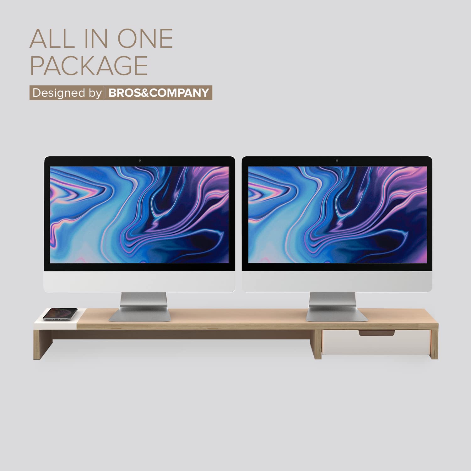 POUT E9 Dual Monitor Stand with Drawer - Adjustable Height, Wireless Charger & USB Hub for Home/Office (Deep Black) - Perfect for Gaming Setup & Workspace Organization