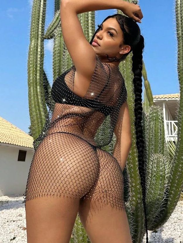 ZASUWA Women's Sexy Fishnet Crystal Lingerie Set - Sheer Mesh Beach Dress with Rhinestones, No Bikini Included | Perfect for Pool Party, Nightclub, and Romantic Occasions