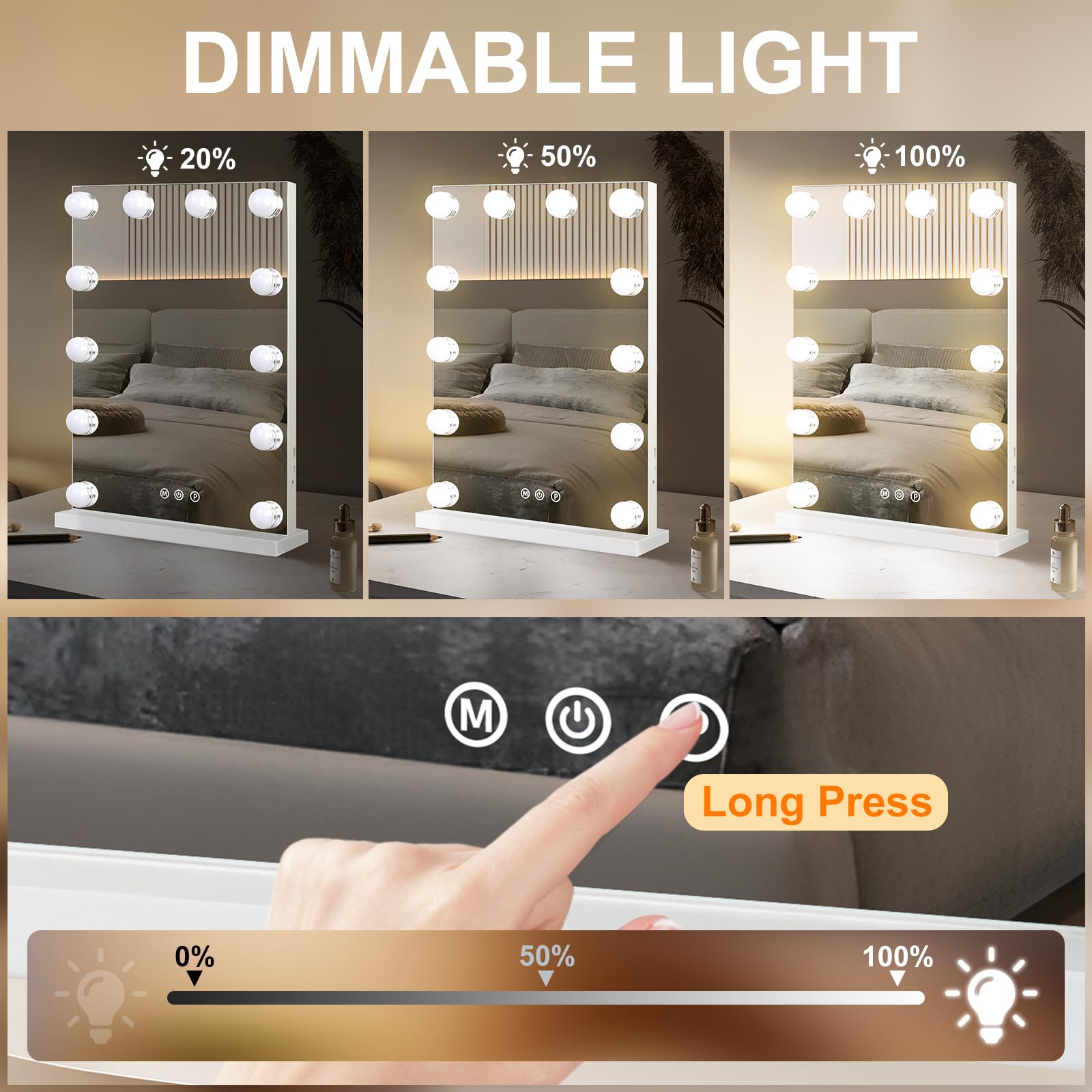 Hollywood Vanity Mirror with LED Lights - 12 Bulbs, 3 Color Modes, Adjustable Brightness, USB Charging Port, Aluminum Frame (14
