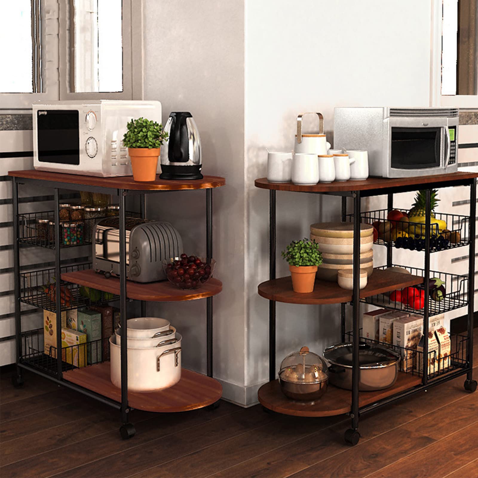 Multipurpose Kitchen Cart - Coffee Stand, Baker’s Rack & Microwave Oven Shelf with Wire Baskets | Space-Saving Storage for Coffee Station, Fruits & Vegetables | Perfect for Small Kitchens & Home Organization