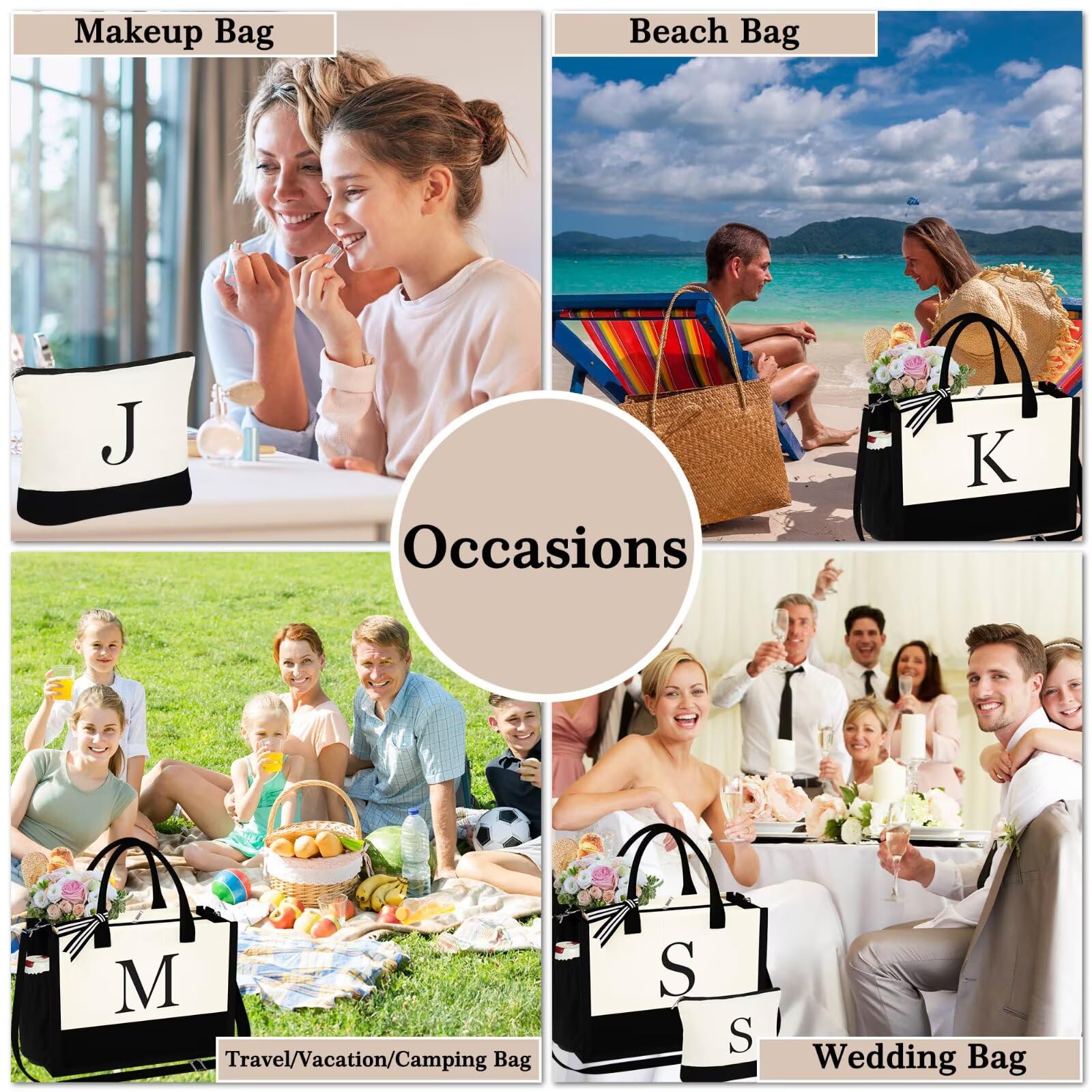 YOOLIFE Personalized Initial Canvas Tote Bag & Makeup Bag Set - Monogrammed Gifts for Women, Wife, Mom, Friend, Teacher - Perfect for Birthday, Mother's Day & Everyday Use - Great for Work, Shopping & Travel Accessories