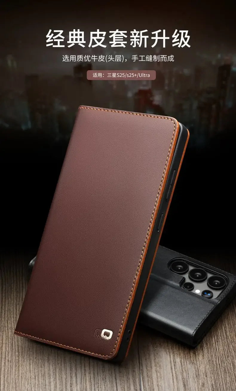 Samsung Galaxy S25 Ultra Genuine Leather Flip Wallet Case - Retro Style Protective Cover with Card Slots for Daily Use & Travel Accessories