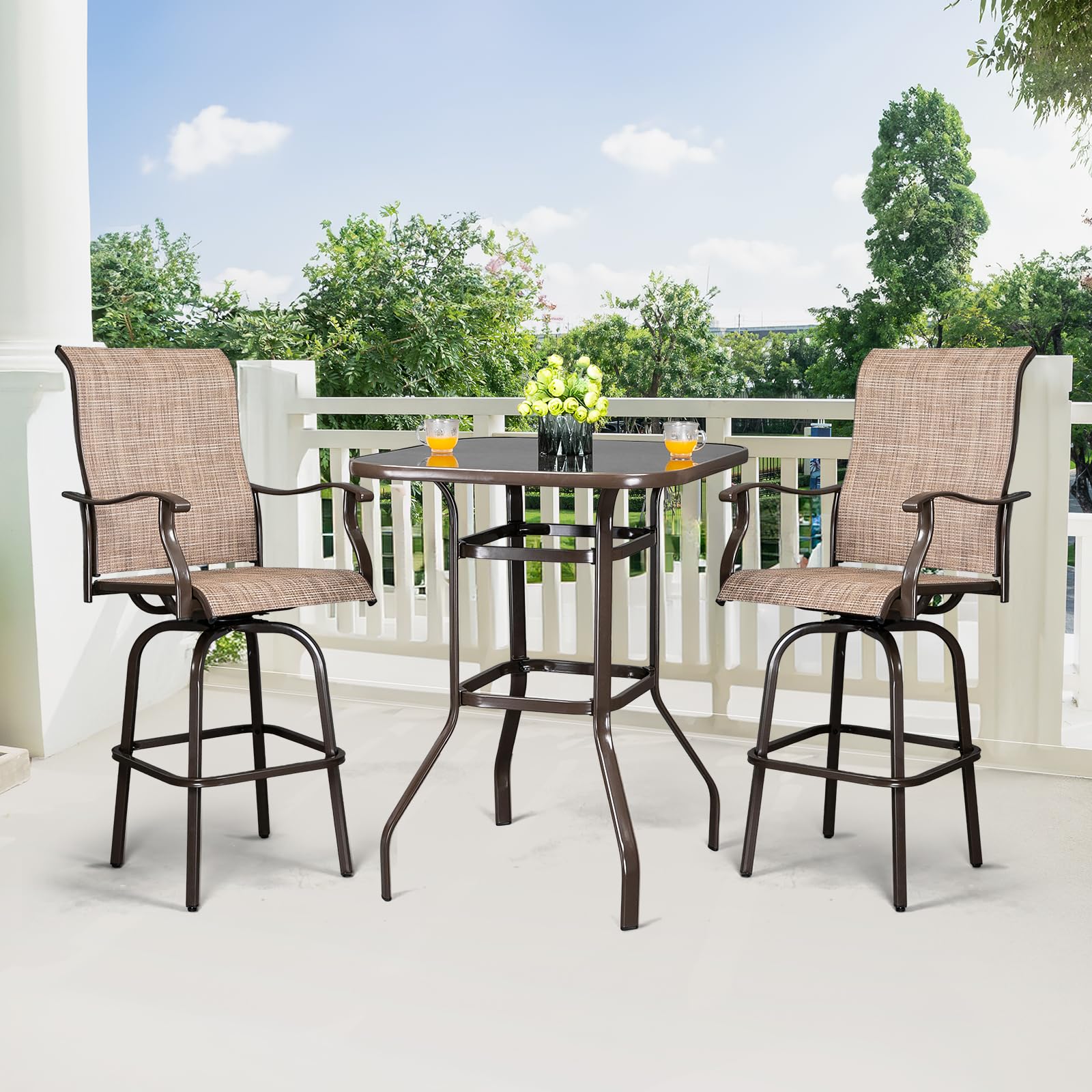 VINGLI Upgraded 3-Piece Swivel Outdoor Bar Set - 2 Swivel Bar Stools & High Top Table for Patio, Garden, Yard, Deck - Weather-Resistant Brown Bistro Set for Outdoor Dining & Relaxation