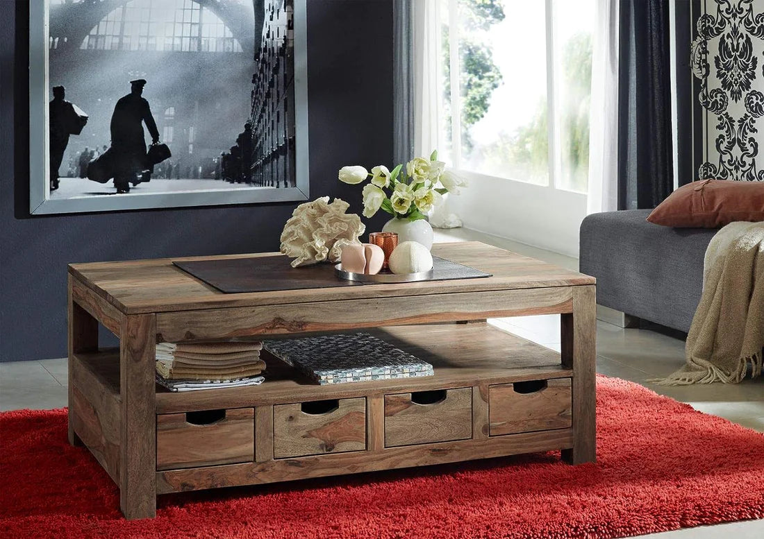 Solid Sheesham Wood Coffee Table with 4 Drawers - 46