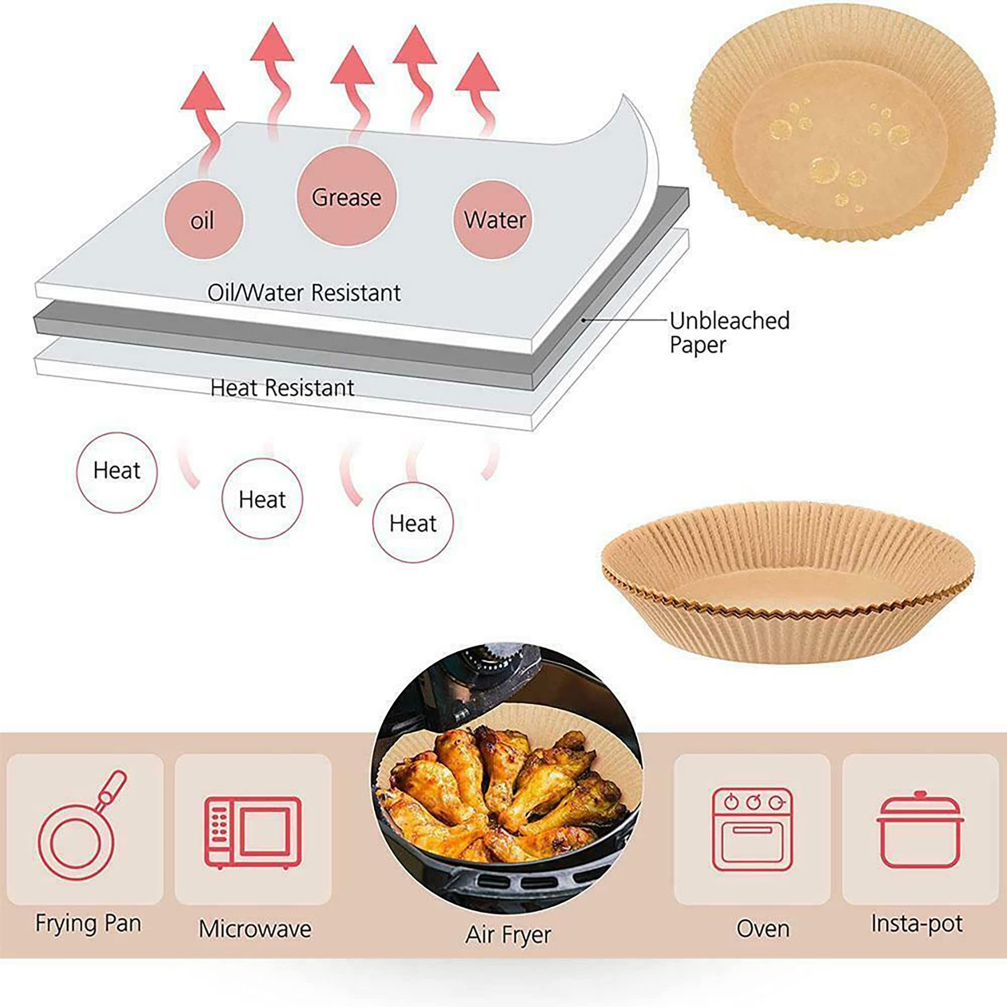 Non-Stick Air Fryer Disposable Paper Liners - 50PCS 6.3 Inch Round Parchment Wood Pulp Steamer Mats for Healthy Cooking | Perfect for Air Frying, Baking, Roasting & Steaming Vegetables