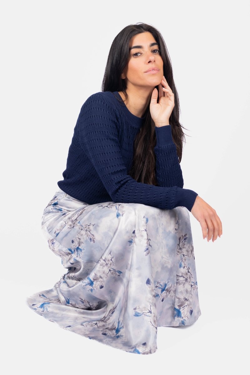 Adriana Skirt - Stylish Grey & Blue Midi Skirt for Women | Perfect for Casual Outings, Office Wear & Date Nights